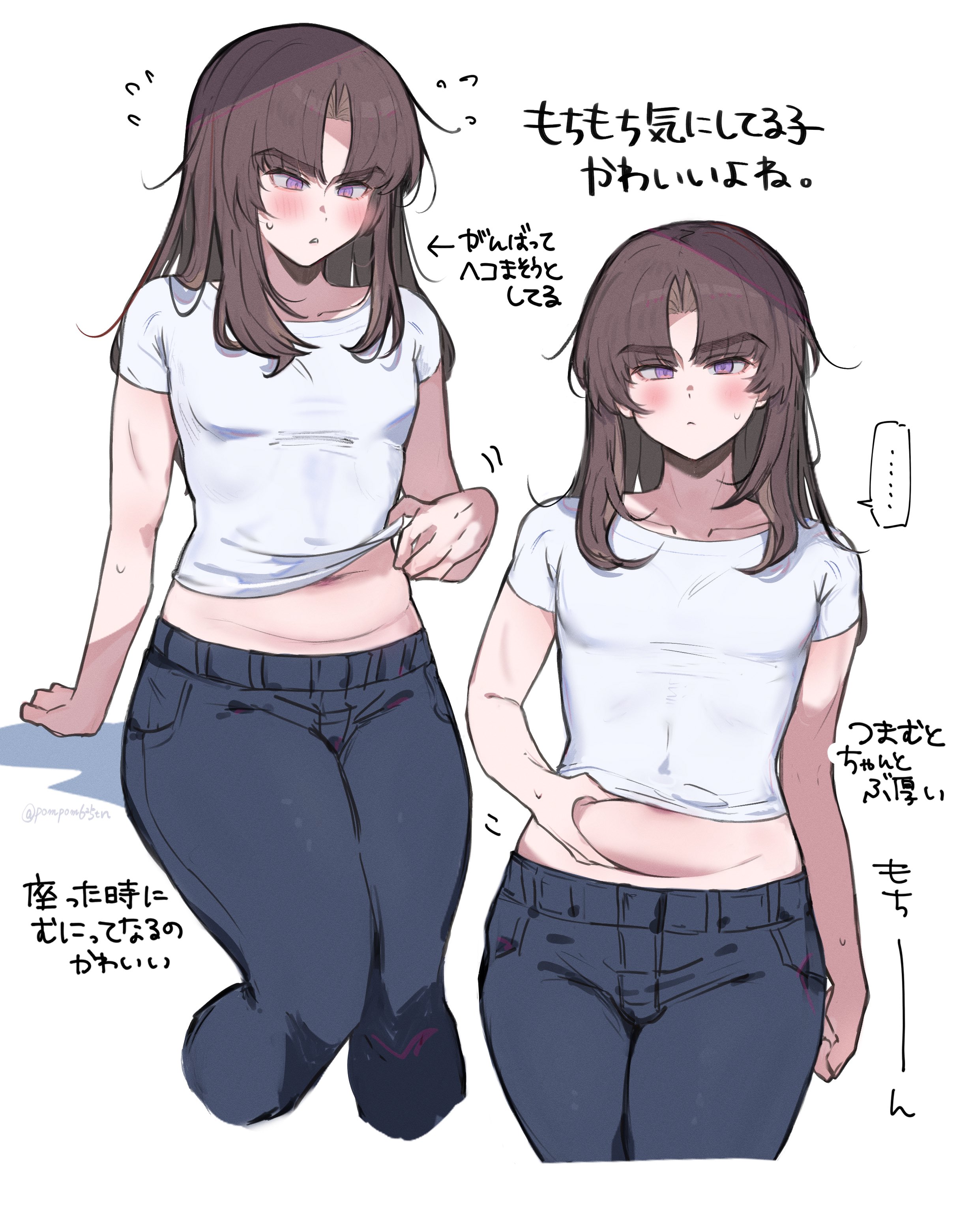 imamiya pinoko, ayase ayato (imamiya pinoko), original, absurdres, commentary request, highres, translation request, …, 1boy, arm at side, arm support, arrow (symbol), artist name, belly grab, blush, brown hair, closed mouth, cowboy shot, cropped legs, long hair, looking at viewer, male focus, multiple views, navel, parted lips, purple eyes, shirt, short sleeves, simple background, speech bubble, spoken ellipsis, sweat, t-shirt, thick thighs, thighs, trap, twitter username, white background, white shirt