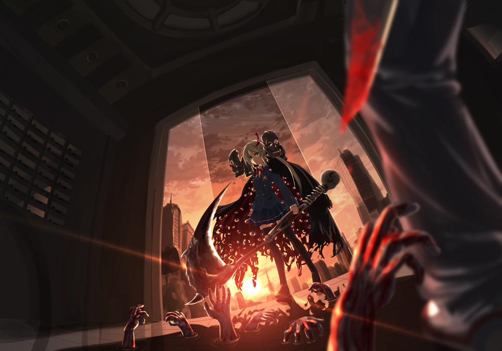 kouji (astral reverie), nero (pixiv# 28115), character request, source request, 1girl, blonde hair, blood, cape, scythe, skirt, sunset, thighhighs, weapon, yellow eyes, zombie