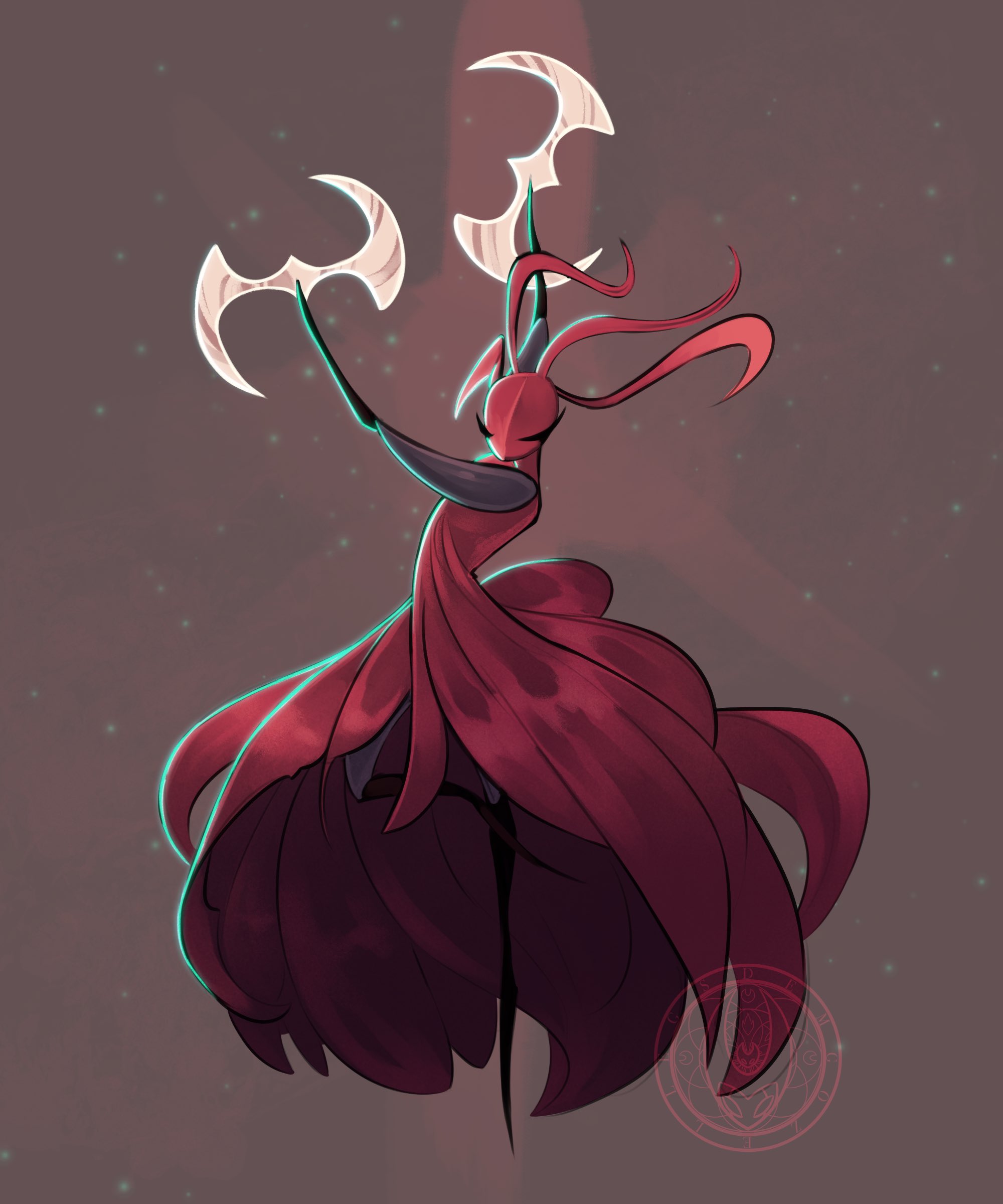 hollow knight, hollow knight: silksong, absurdres, commentary, english commentary, highres, 1girl, ant girl, antennae, arthropod girl, closed eyes, colored skin, demgozellegs, dress, dual wielding, full body, holding, holding weapon, red background, red dress, red skin, skarrsinger karmelita (hollow knight), solo, standing, weapon