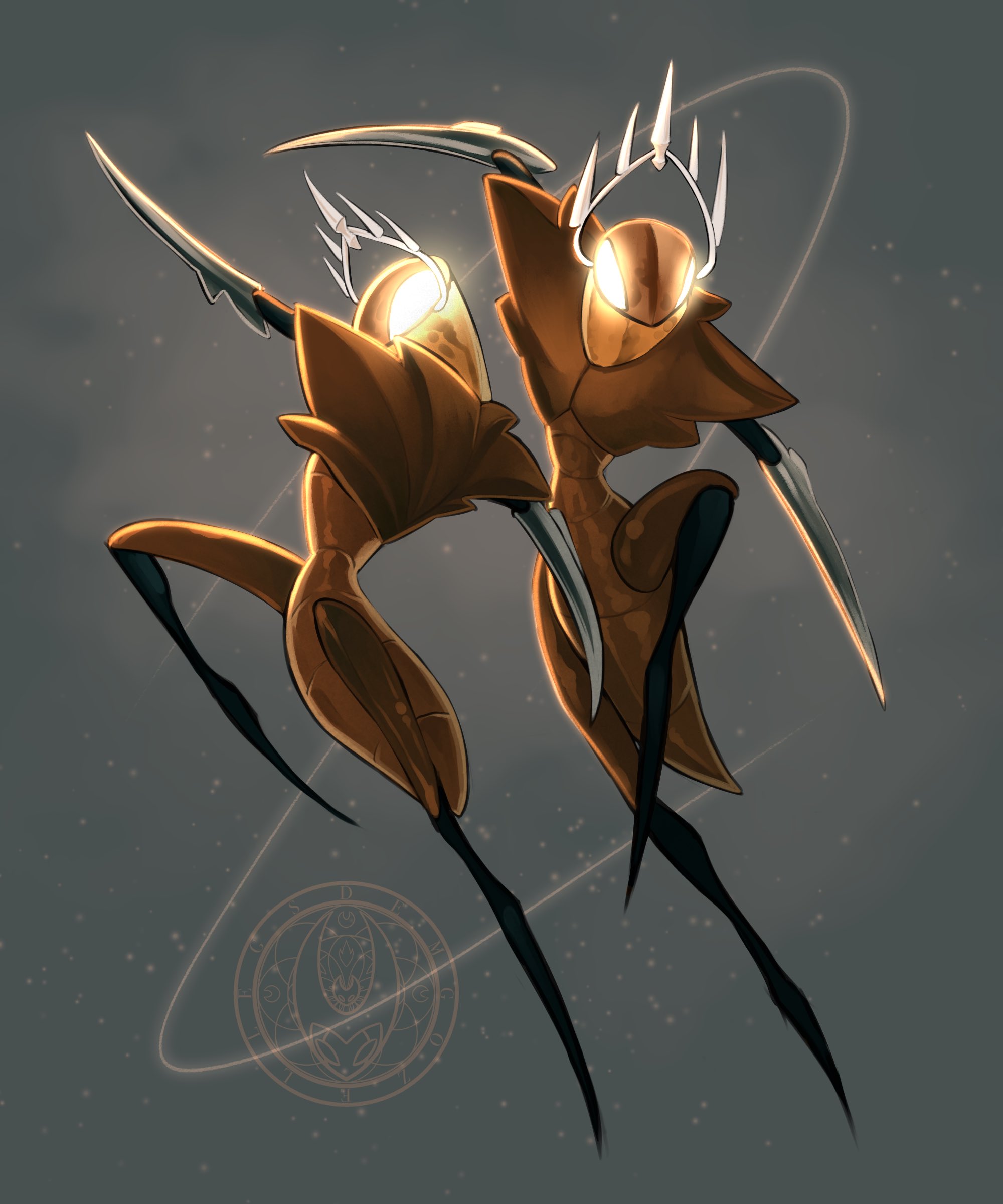 cogwork dancers (hollow knight), hollow knight, hollow knight: silksong, absurdres, commentary, english commentary, highres, 2boys, arthropod boy, demgozellegs, fighting stance, glowing, glowing eyes, grey background, male focus, multiple boys, silk, standing, yellow eyes
