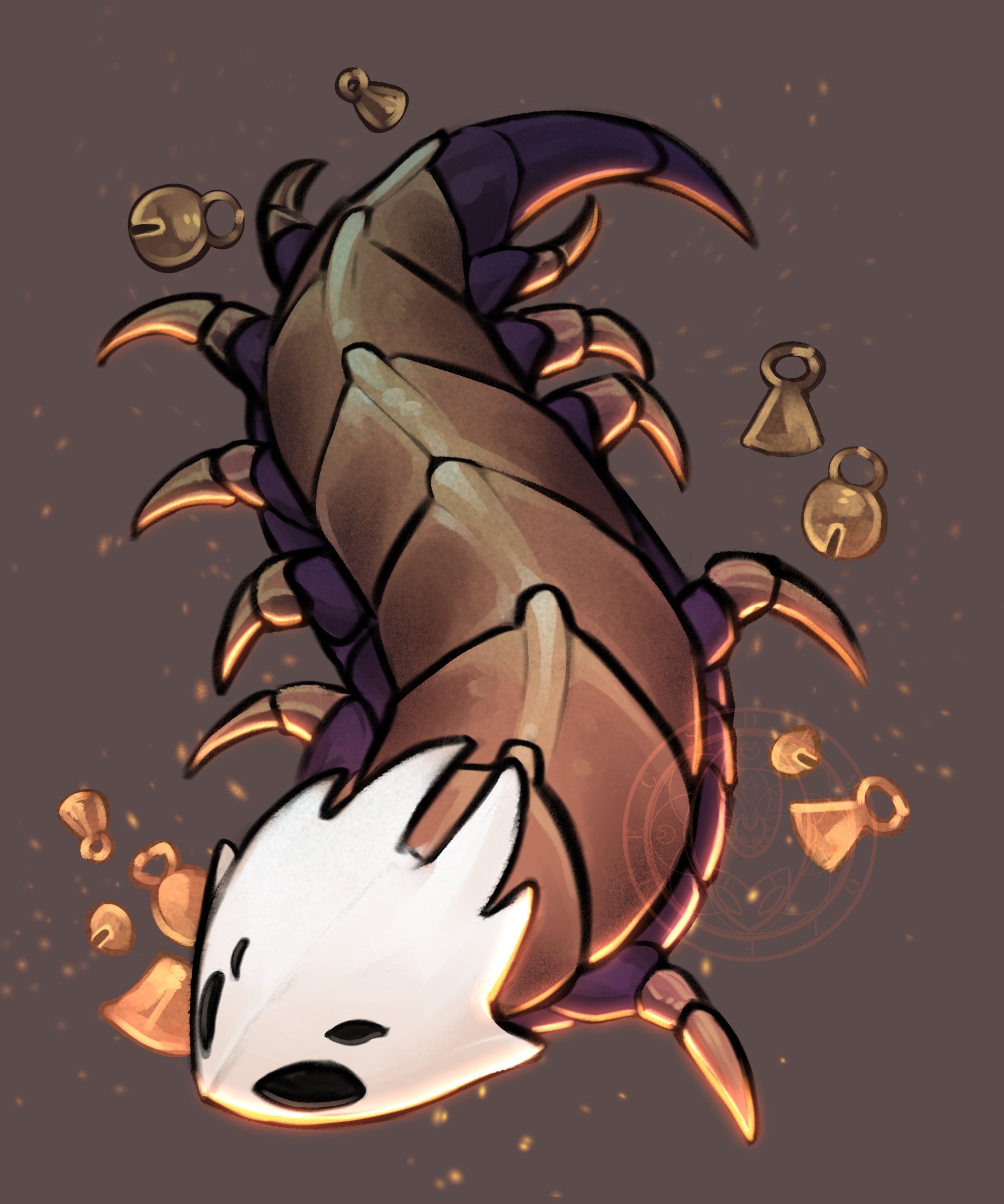 bell beast (hollow knight), hollow knight, hollow knight: silksong, absurdres, commentary, english commentary, highres, animal focus, bell, black eyes, brown background, bug, demgozellegs, extra eyes, hollow eyes, no humans, white mask