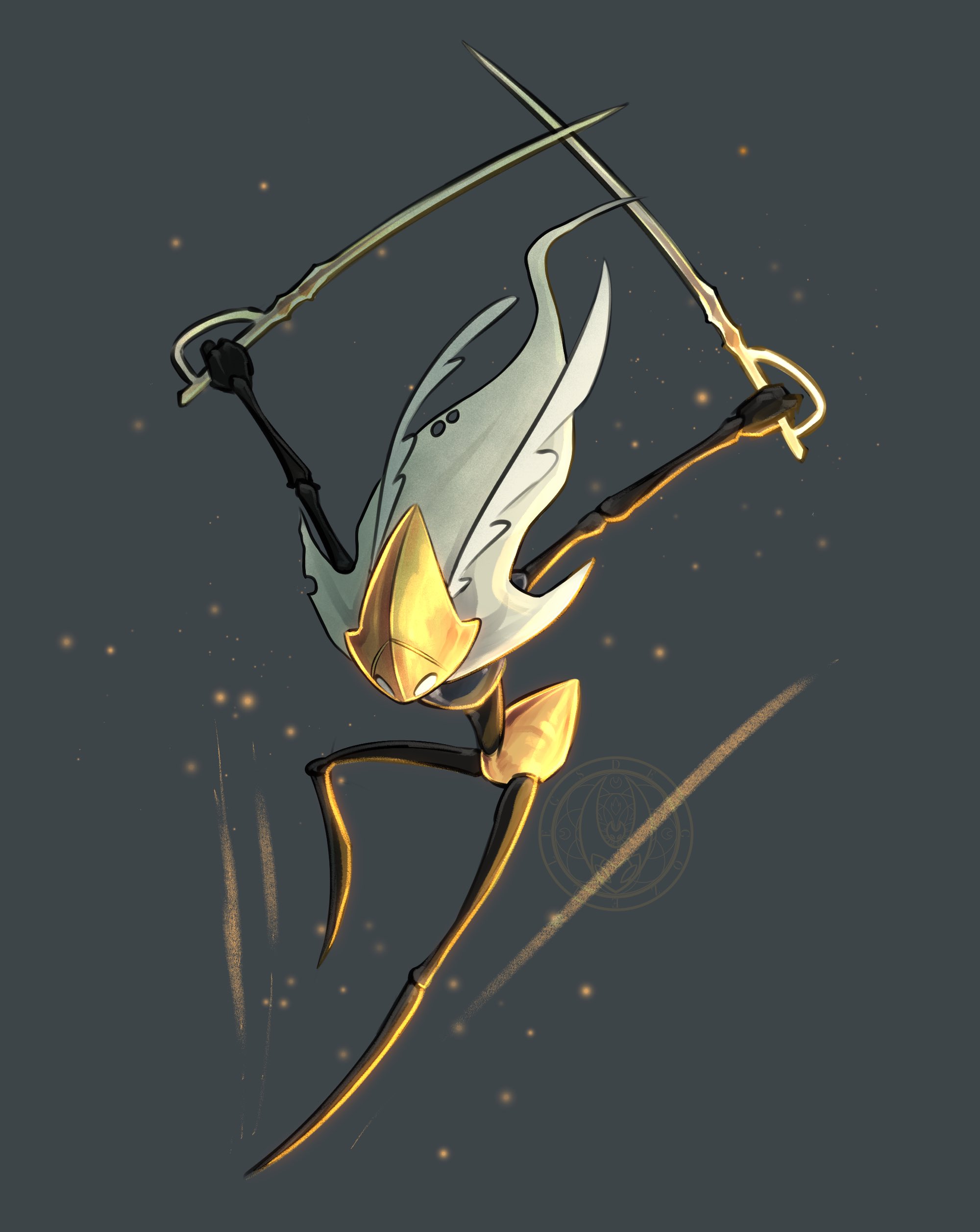 hollow knight, hollow knight: silksong, absurdres, commentary, english commentary, highres, 1other, capelet, demgozellegs, dual wielding, grey background, holding, holding sword, holding weapon, joints, jumping, other focus, second sentinel (hollow knight), sword, weapon, white capelet, white eyes