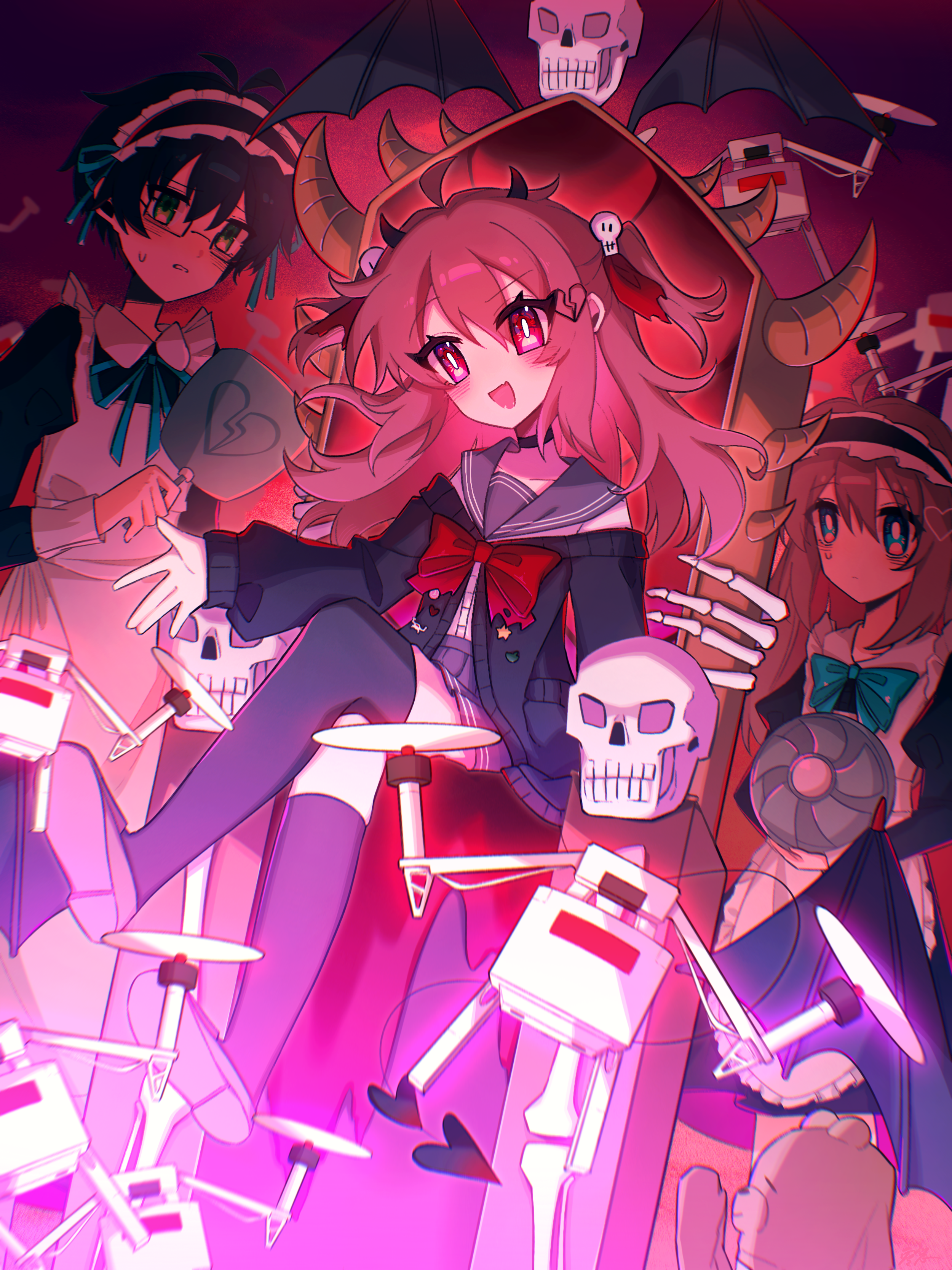 evil neuro-sama, neuro-sama, vedal987, absurdres, commentary request, highres, 1boy, 2girls, ahoge, apron, aqua bow, aqua bowtie, asymmetrical legwear, black dress, black hair, black horns, black socks, black thighhighs, blue eyes, bow, bowtie, broken heart, broken heart hair ornament, brown hair, brown shoes, closed mouth, demon horns, dress, fang, from side, full body, green eyes, hair between eyes, hair ornament, hair ribbon, hand fan, heart, heart hair ornament, holding, holding fan, horns, long dress, long hair, long sleeves, maid, maid apron, maid headdress, miniskirt, multiple girls, open mouth, parted lips, red bow, red bowtie, red eyes, red ribbon, ribbon, shoes, siblings, sisters, sitting, skin fang, skirt, skull hair ornament, socks, swarm drone (neuro-sama), thighhighs, throne, torn hair ribbon, twins, two side up, uneven legwear, user hmyv8473, v-neck, vedal ai, virtual youtuber