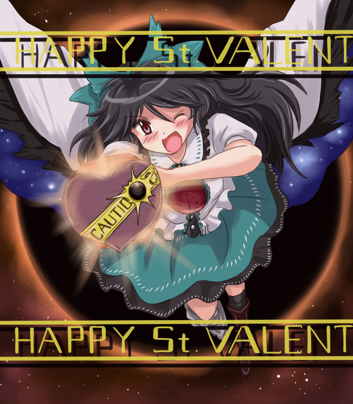 flx, reiuji utsuho, touhou, 1girl, black hair, bow, cape, chocolate, female focus, hair bow, happy valentine, long hair, one eye closed, red eyes, solo, valentine, wings, wink