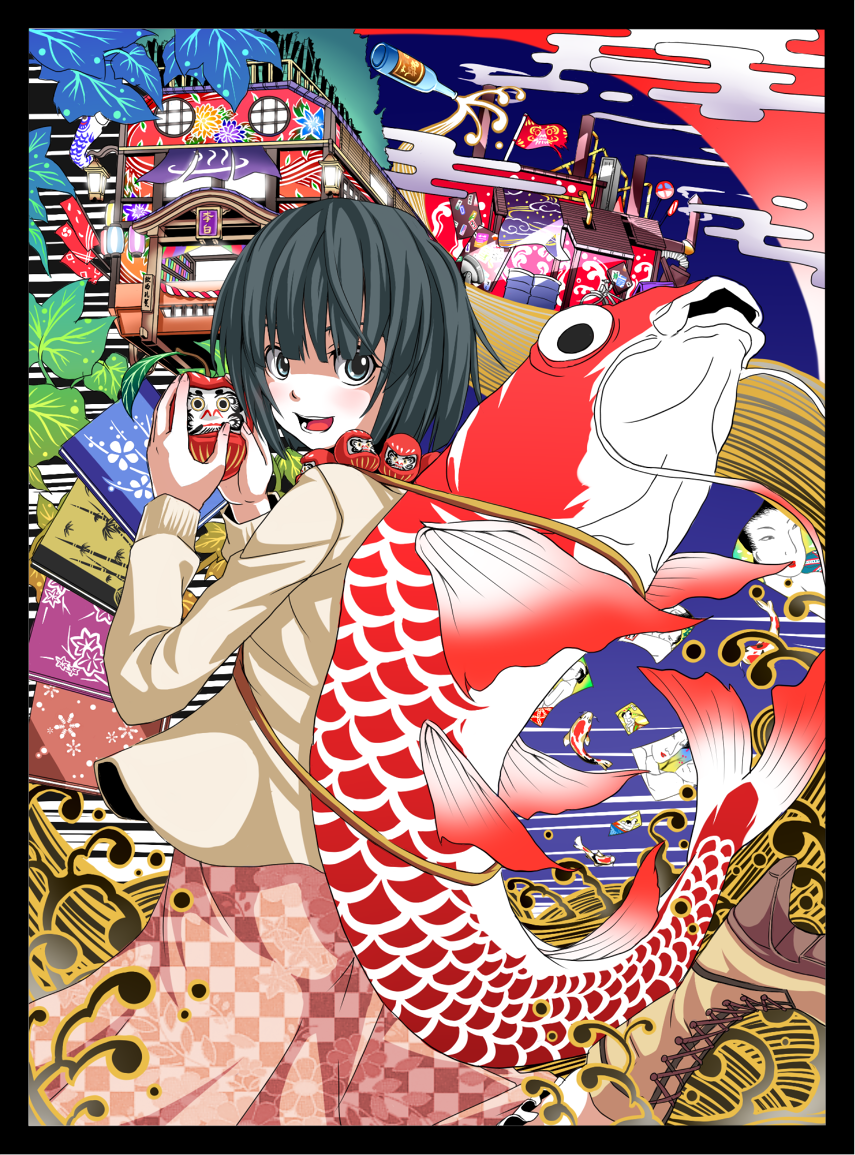 mendou saya, original, 1girl, black border, book, border, bottle, carp, daruma doll, egasumi, female focus, festival, fish, flag, looking back, open mouth, road sign, short hair, sign, solo, surreal