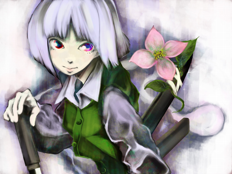 egg (artist), iriomote yamanuko, konpaku youmu, konpaku youmu (ghost), touhou, bad id, bad pixiv id, 1girl, bob cut, dogwood (flower), female focus, flower, hitodama, katana, solo, sword, weapon, white hair