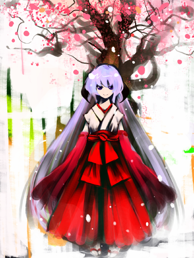 egg (artist), iriomote yamanuko, hanyuu, higurashi no naku koro ni, 00s, 1girl, female focus, hakama, hakama skirt, horns, japanese clothes, long hair, red hakama, skirt, solo, tree, very long hair