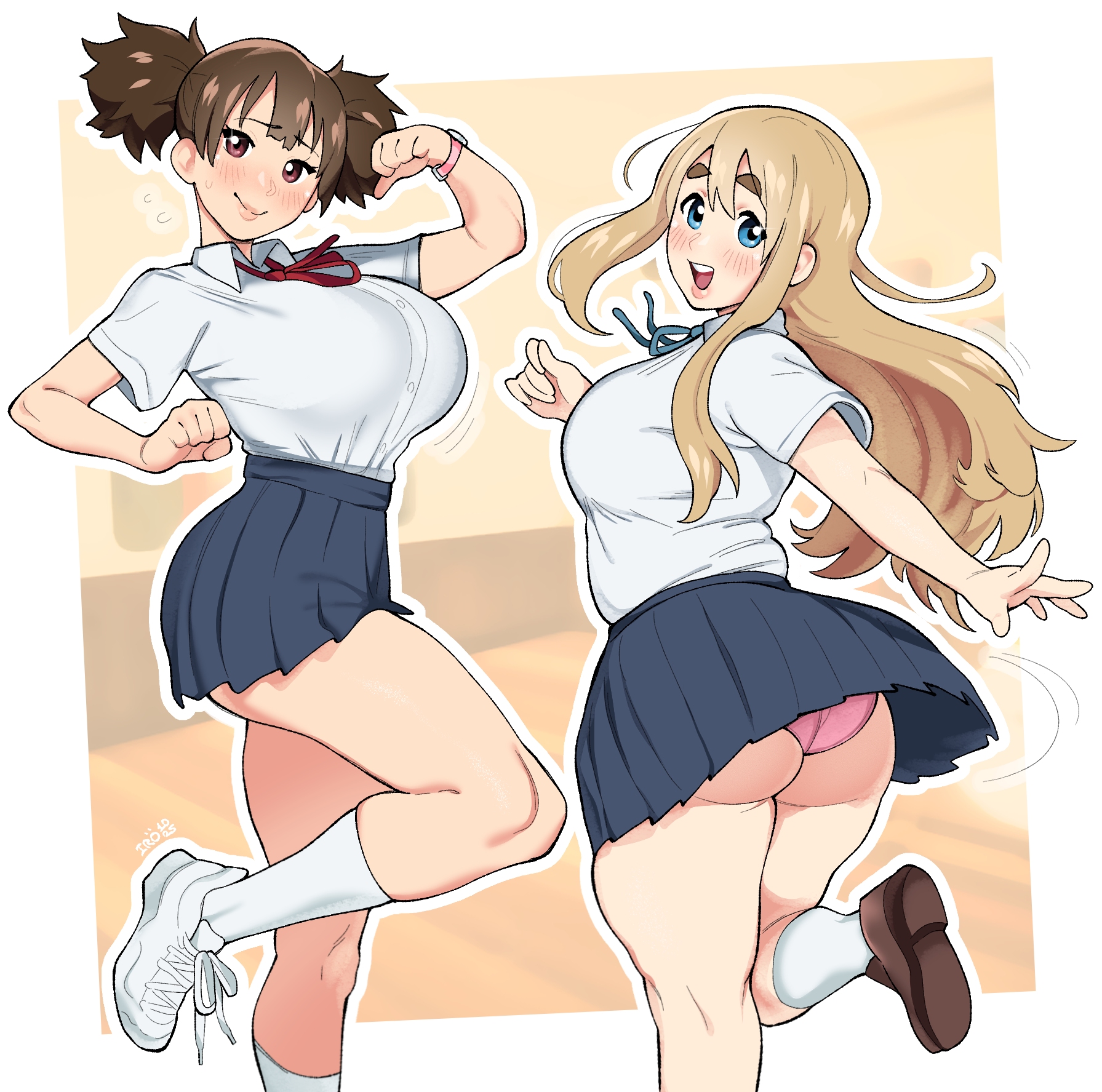 iroquoisdomi, kotobuki tsumugi, suzuki jun, k-on!, highres, 2girls, ass, blonde hair, blue skirt, blush, breasts, brown eyes, brown hair, brown shoes, closed mouth, embarrassed, flexing, flying sweatdrops, from behind, large breasts, lips, loafers, long hair, looking at viewer, motion lines, multiple girls, open mouth, panties, pantyshot, pink panties, pleated skirt, school uniform, shirt, shoes, short hair, short twintails, skirt, smile, sneakers, standing, teeth, thick eyebrows, twintails, underwear, upper teeth only, watch, white shirt, white shoes, wristwatch