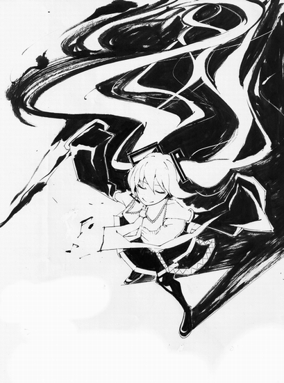 egg (artist), iriomote yamanuko, hatsune miku, vocaloid, bad id, bad pixiv id, traditional media, 1girl, closed eyes, female focus, greyscale, long hair, long sleeves, monochrome, solo, thighhighs, twintails, very long hair