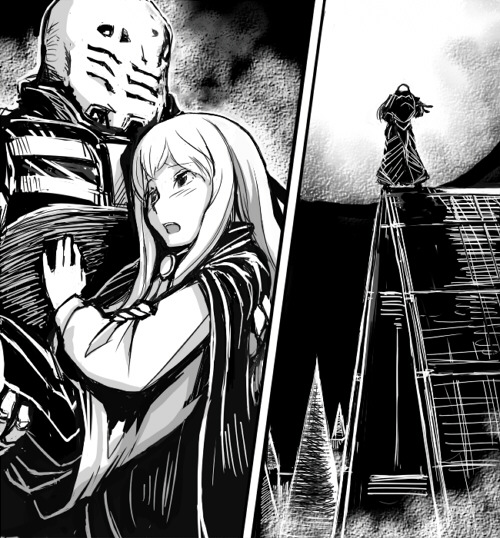 tsuda nanafushi, higaide, louise francoise le blanc de la valliere, biomega, zero no tsukaima, 00s, 1boy, 1girl, armor, blush, cape, carrying, crossover, greyscale, hand on another's chest, long hair, mask, monochrome, moon, open mouth, rooftop, size difference, skirt