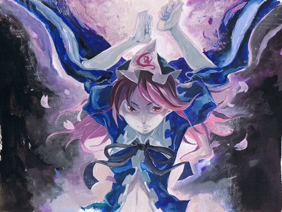 egg (artist), iriomote yamanuko, saigyouji yuyuko, touhou, bad id, bad pixiv id, traditional media, 1girl, cherry blossoms, female focus, hat, midriff, open clothes, petals, solo
