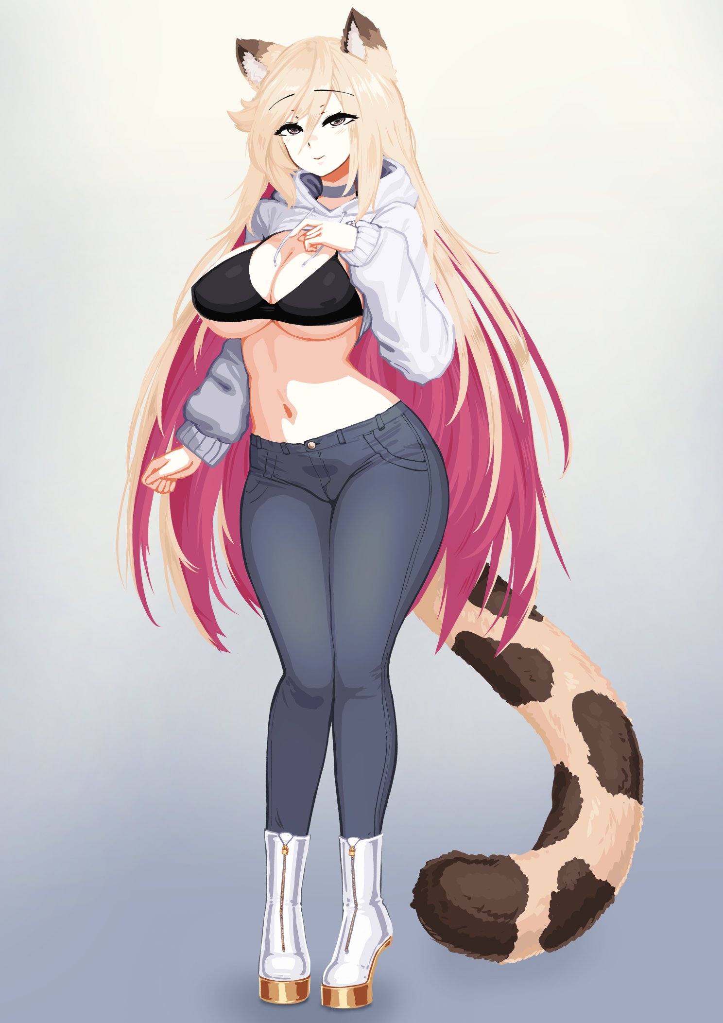 barbariank, original, commentary, commission, english commentary, highres, 1girl, animal ear fluff, animal ears, black bra, blonde hair, boots, bra, breasts, choker, colored inner hair, drawstring, full body, gradient background, grey background, grey choker, grey eyes, grey pants, hair between eyes, hand on own chest, hood, hood down, hooded shrug, large breasts, long hair, long sleeves, looking at viewer, multicolored hair, navel, pants, pink hair, shrug (clothing), simple background, smile, solo, standing, stomach, tail, two-tone hair, underwear, very long hair, white boots, white shrug