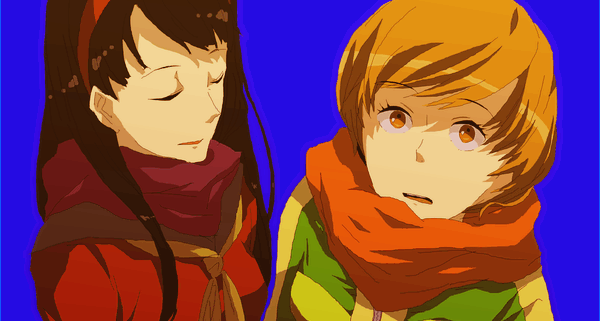 amagi yukiko, satonaka chie, atlus, persona, persona 4, 2girls, black hair, blue background, closed eyes, hairband, jacket, long hair, looking at viewer, multiple girls, scarf, short hair, simple background, tomboy, track jacket, upper body