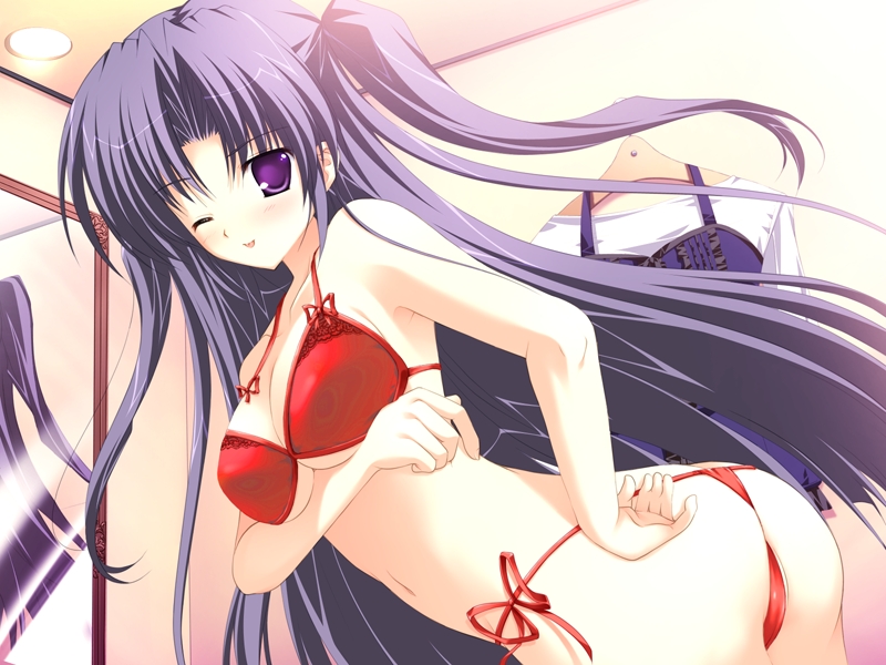 mikeou, takami rin, lyrical ds, lyrical lyric, breast hold, game cg, non-web source, 1girl, bow, bow bra, bra, breasts, clothes hanger, dressing, dressing room, female focus, lingerie, long hair, mirror, one eye closed, panties, purple eyes, purple hair, red bra, red panties, side-tie panties, solo, thong, twintails, underwear, underwear only, undressing, wink
