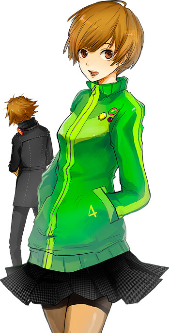 maguchimo, hanamura yousuke, satonaka chie, atlus, persona, persona 4, 1boy, 1girl, :d, bike shorts, black skirt, blush, brown eyes, houndstooth, jacket, lapel pin, long sleeves, looking at viewer, looking back, open mouth, pants, short hair, skirt, smile, standing, tomboy, track jacket