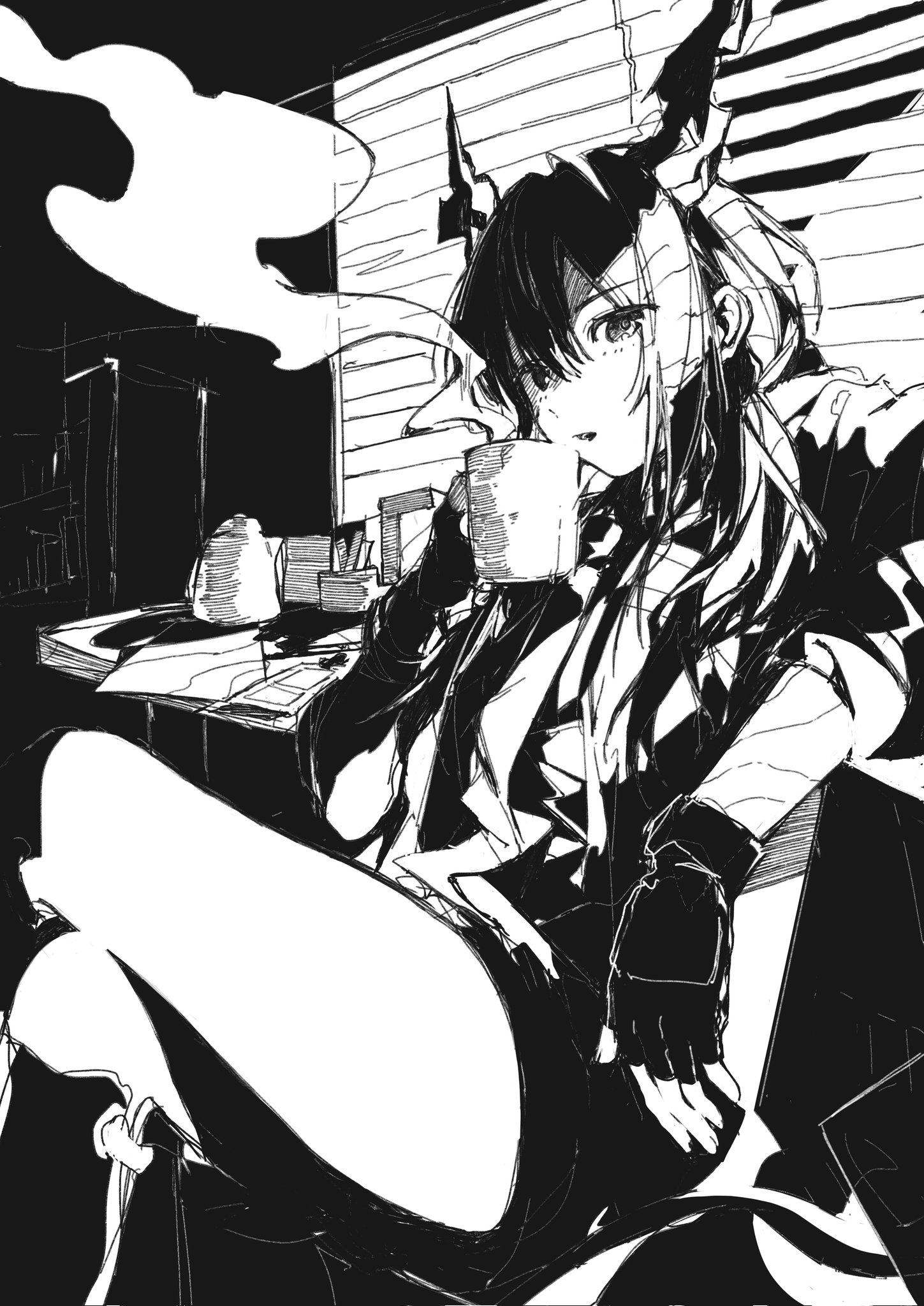 jixing, ch'en (arknights), arknights, commentary request, highres, 1girl, crossed legs, cup, dragon girl, dragon horns, feet out of frame, fingerless gloves, gloves, greyscale, holding, holding cup, horns, indoors, kettle, long hair, miniskirt, monochrome, paper, parted lips, shin guards, shorts, sitting, skirt, smoke, thighs