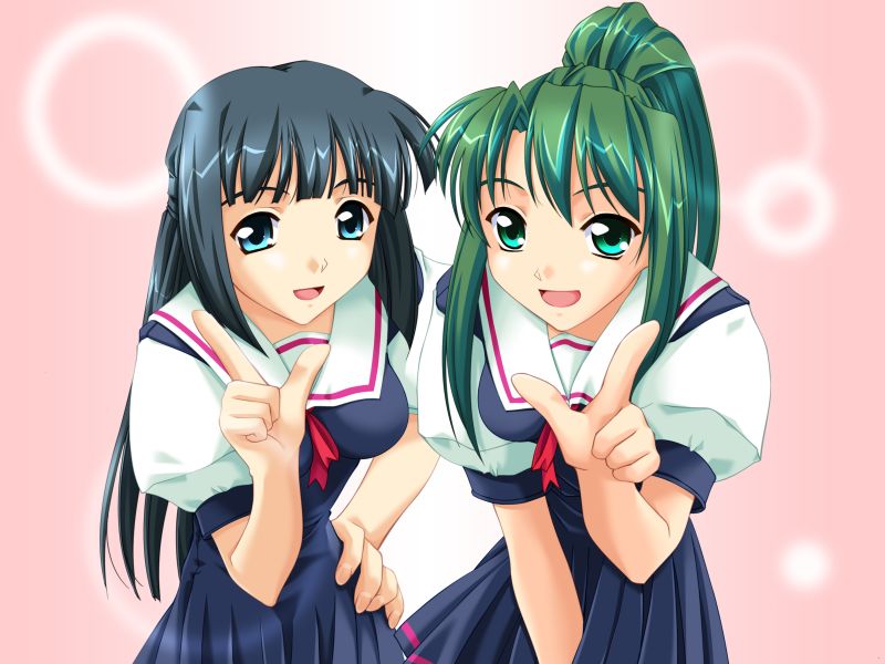 murakami suigun, ayatsuji yuu, yanagi hinako, oyakusoku love, game cg, 2girls, blue eyes, blue hair, green eyes, green hair, long hair, multiple girls, ponytail, school uniform