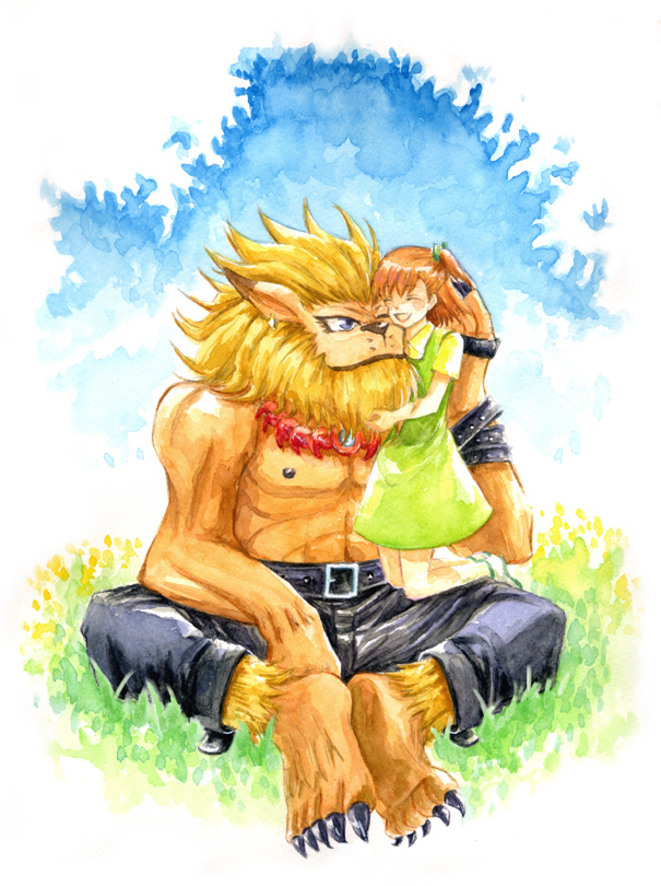 cecily, katou juri, leomon, digimon, digimon tamers, fur, traditional media, 00s, 1boy, 1girl, abs, animal ears, barefoot, belt, belt buckle, biceps, blonde hair, blue eyes, blush, brown hair, buckle, claws, closed eyes, closed mouth, cuddling, digimon (creature), dress, ear piercing, facing another, full body, grass, green dress, hair ornament, hair tie, hand on another's head, hand up, happy, hug, indian style, jewelry, kneeling, laughing, lion, mane, medium hair, muscular, muscular male, necklace, nipples, on grass, on ground, on lap, on person, one eye closed, open mouth, outdoors, pants, pectorals, piercing, shirt, short sleeves, side ponytail, sitting, sitting on lap, sitting on person, size difference, smile