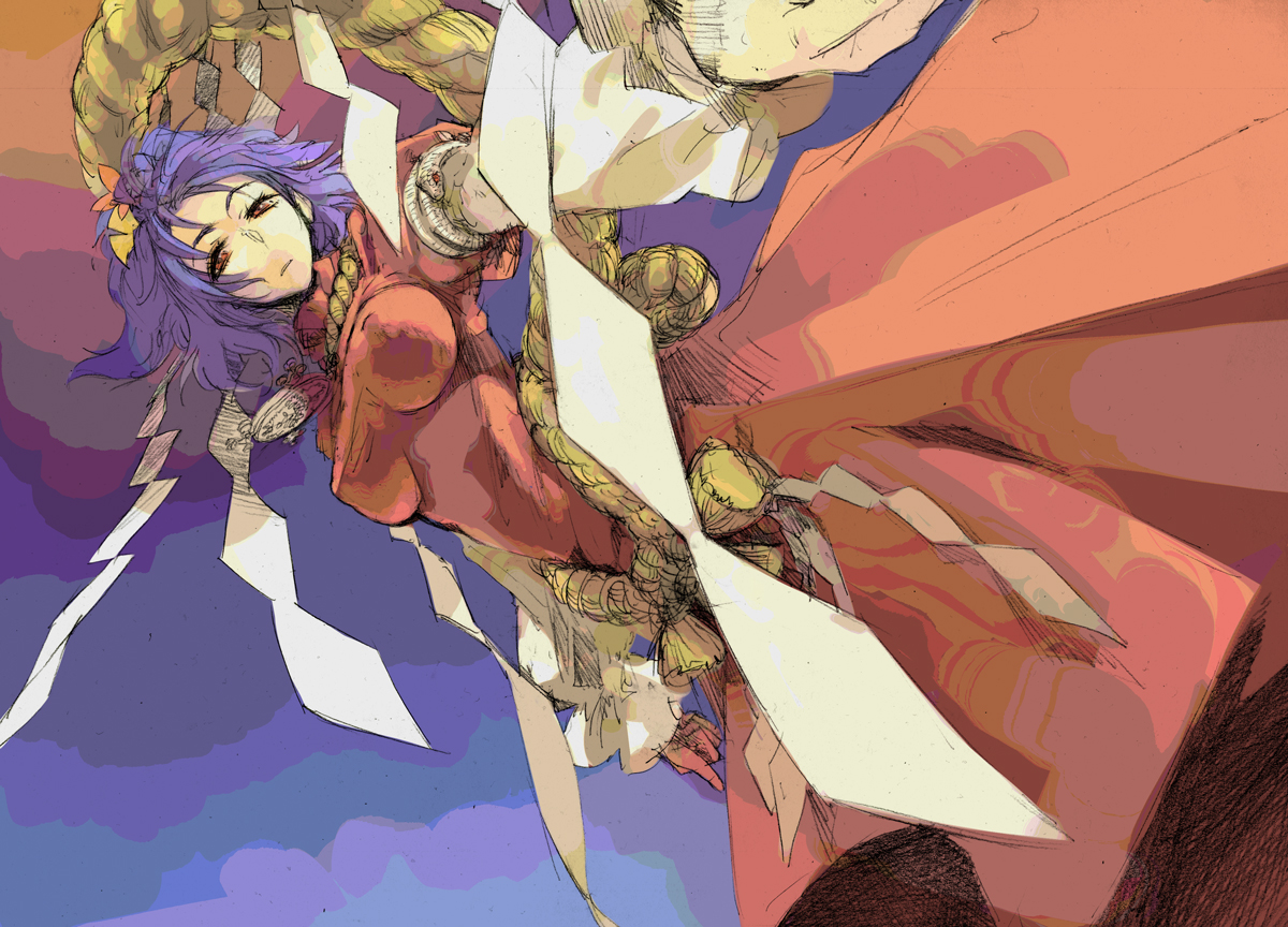 ikuhana niiro, yasaka kanako, touhou, bad id, bad pixiv id, 1girl, breasts, dutch angle, female focus, large breasts, rope, shide, shimenawa, solo