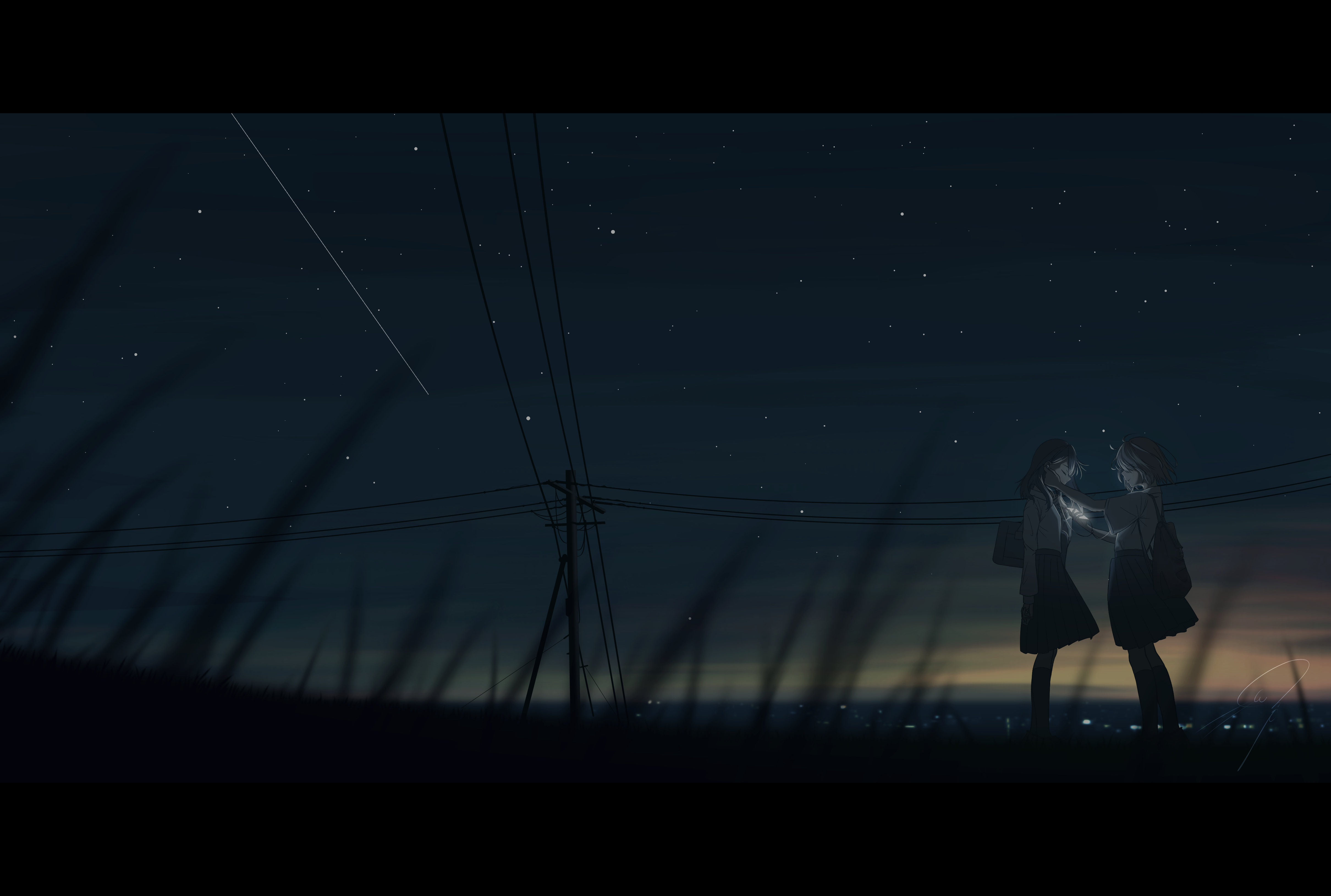 nengoro, original, absurdres, highres, 2girls, backpack, bag, blurry, blurry foreground, earphones, from side, holding, holding phone, kneehighs, letterboxed, listening to music, long hair, long sleeves, medium hair, multiple girls, night, outdoors, phone, pleated skirt, power lines, scenery, shared earphones, shirt, short sleeves, shoulder bag, signature, skirt, sky, socks, standing, star (sky), starry sky, white shirt, wide shot