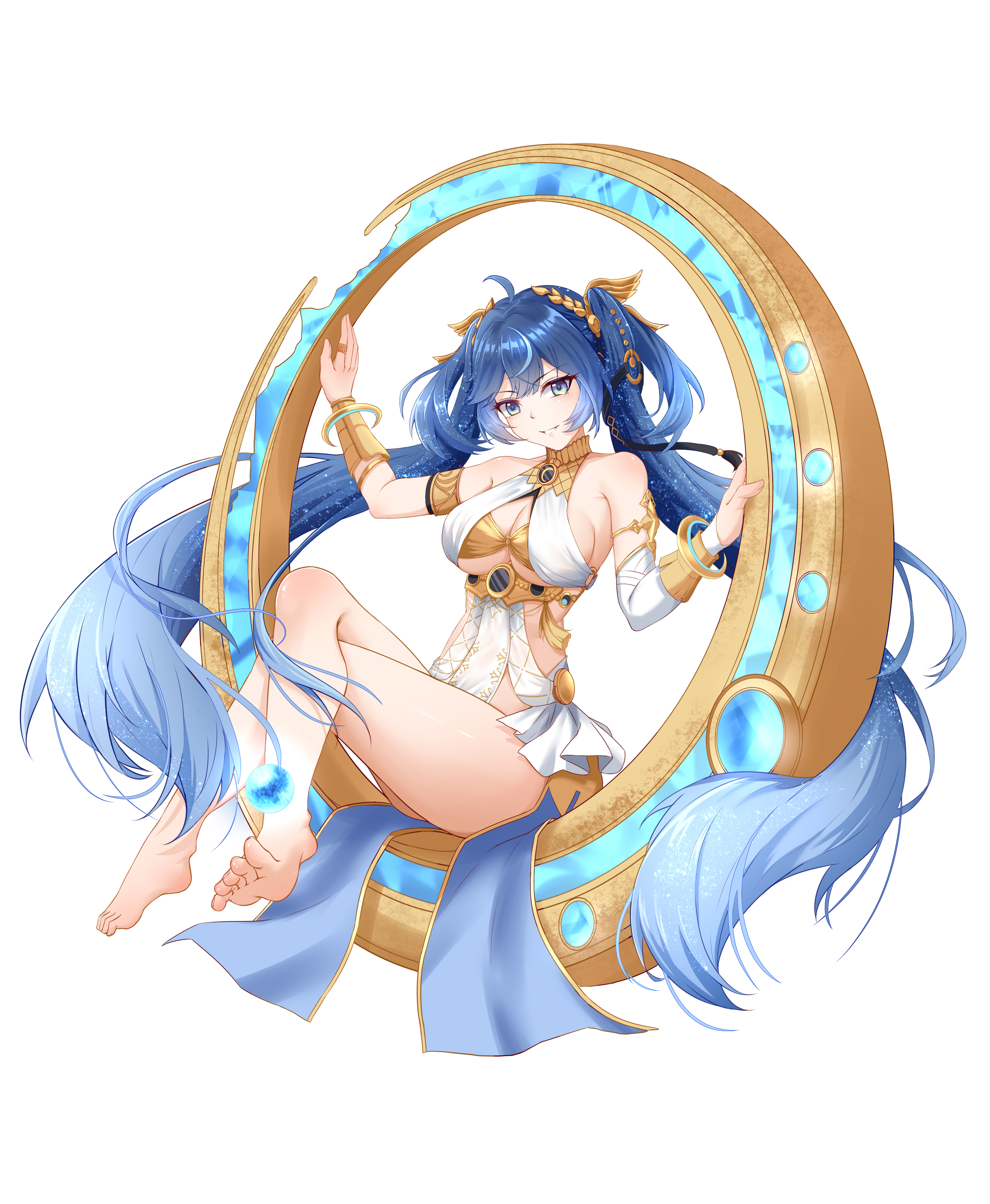 seisen, iuno (wuthering waves), wuthering waves, absurdres, commentary request, highres, 1girl, ahoge, armlet, bare legs, bare shoulders, barefoot, blue eyes, blue hair, breasts, crossed legs, feet, gold bra, gradient hair, hair belt, jewelry, large breasts, laurel crown, legs, long hair, looking at viewer, multicolored hair, orb, parted lips, simple background, smile, solo, streaked hair, thighs, toes, twintails, vambraces, very long hair, white background