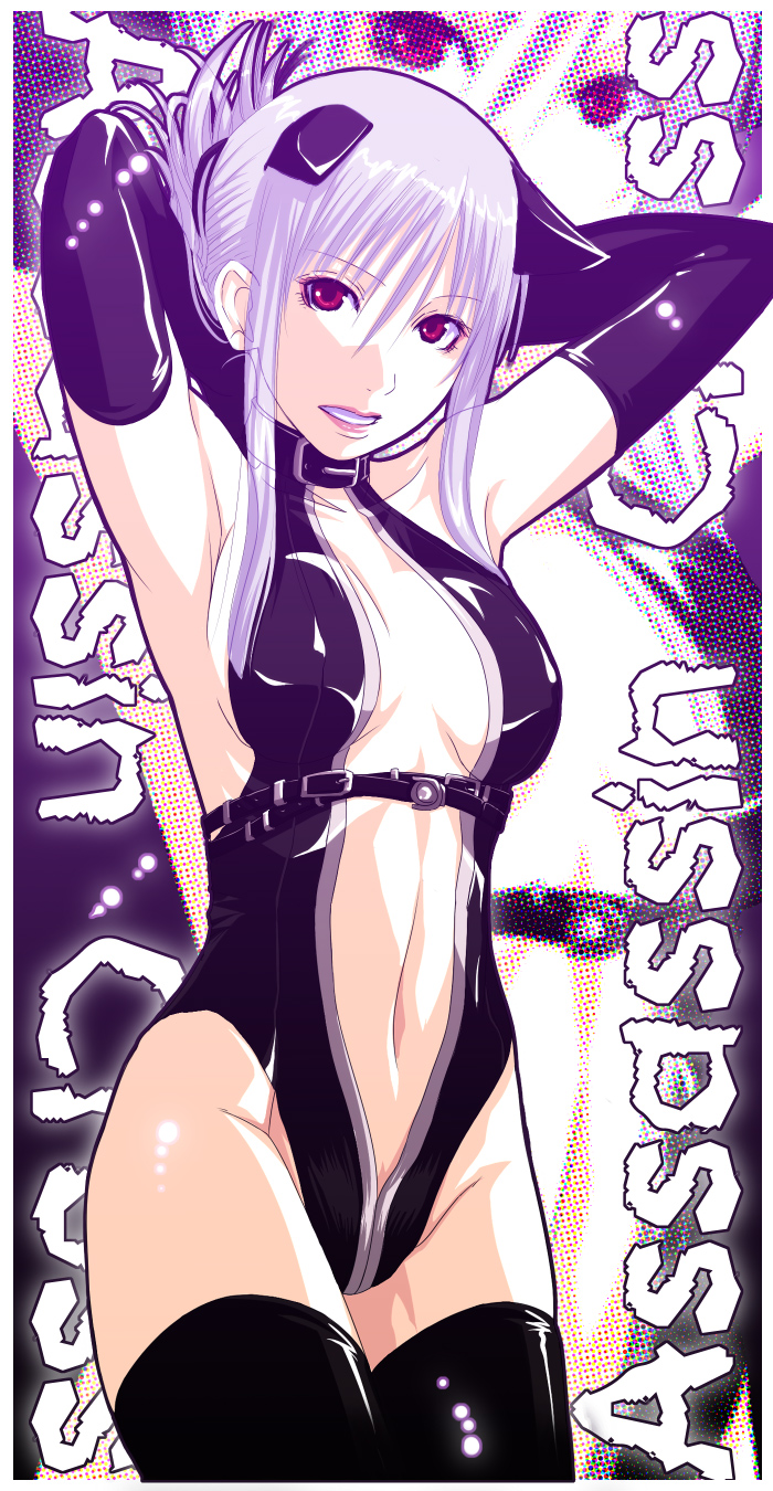 mr.romance, assassin cross (ragnarok online), kataasa-ko, katar assa child, ragnarok online, highres, 1girl, albino, armpits, arms up, assassin, elbow gloves, female focus, gloves, red eyes, smile, solo, thighhighs, white hair