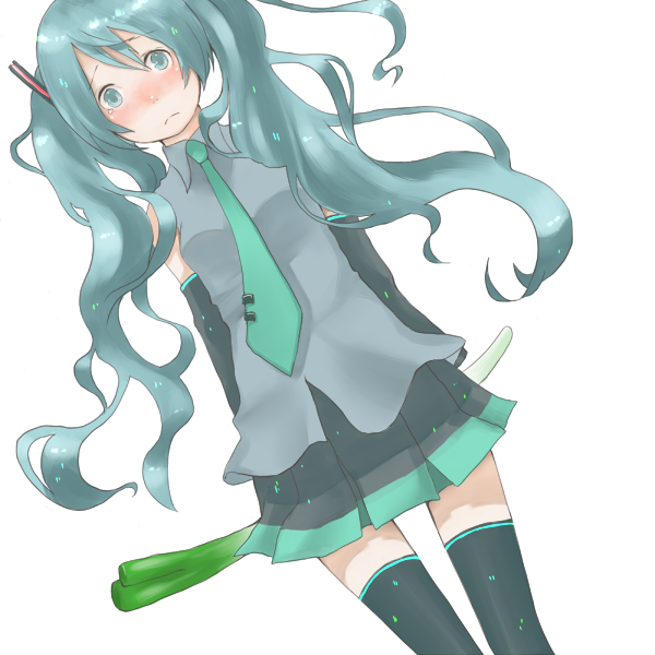 wakuraba, hatsune miku, vocaloid, 1girl, aqua eyes, aqua hair, female focus, solo, spring onion, thighhighs, twintails
