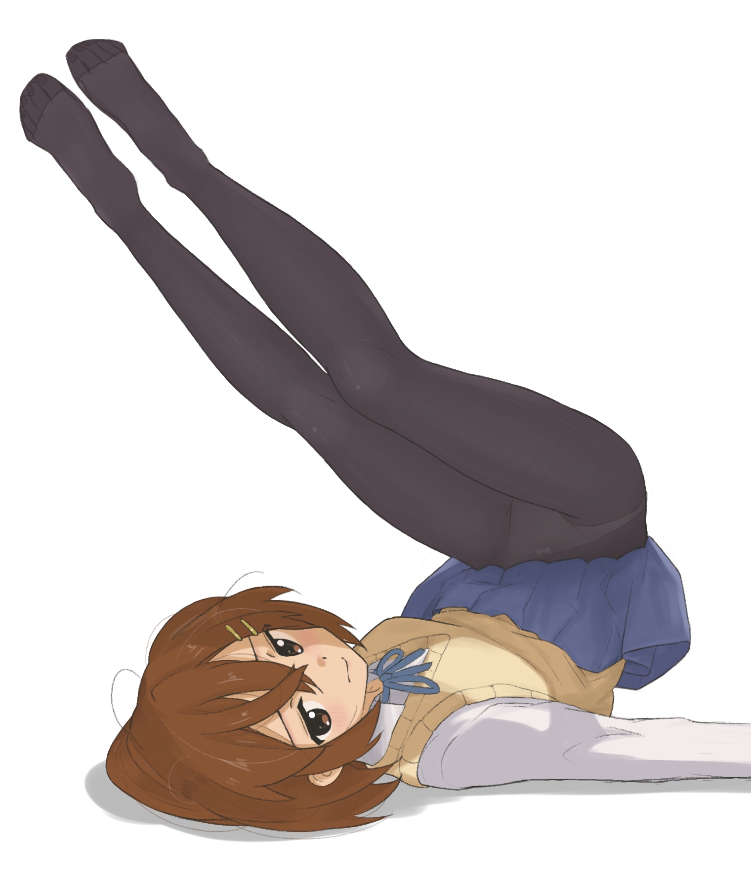andreypavlow, hirasawa yui, k-on!, highres, revision, 1girl, black pantyhose, blue ribbon, blue skirt, blush, brown eyes, brown hair, closed mouth, crossed bangs, full body, hair ornament, hairclip, legs, legs up, long sleeves, lying, medium hair, miniskirt, neck ribbon, no shoes, on back, panties, panties under pantyhose, pantyhose, ribbon, sakuragaoka high school uniform, school uniform, shadow, shirt, simple background, skirt, solo, toenails, toes, underwear, white background, white panties, white shirt