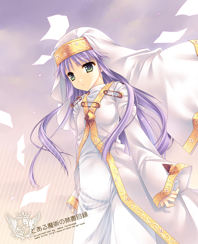 tatekawa mako, index (toaru majutsu no index), toaru majutsu no index, habit, 00s, 1girl, blue hair, female focus, green hair, long hair, nun, safety pin, solo