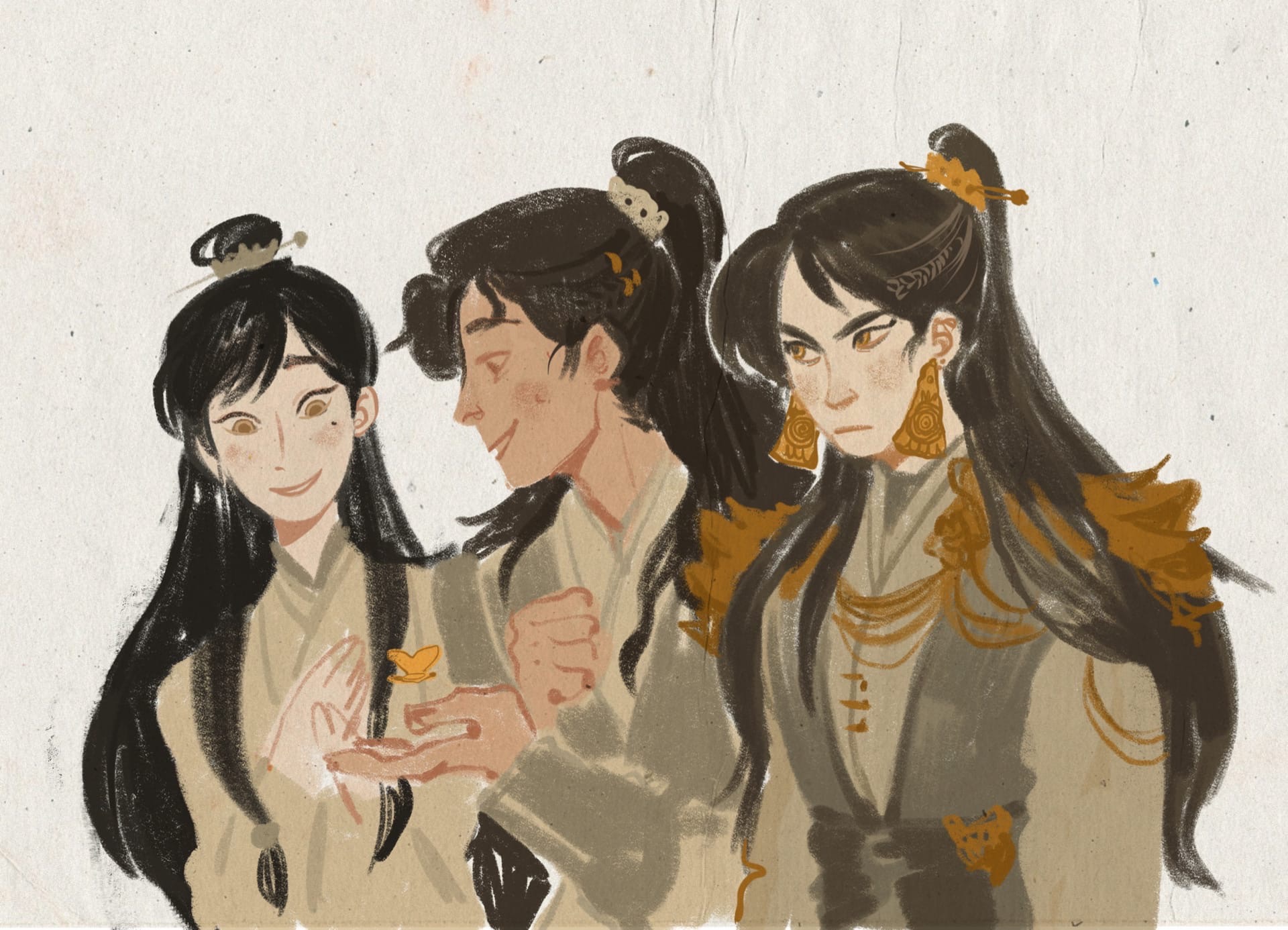 yaroslava murashko, mo ran, erha he ta de bai mao shizun, highres, 3boys, black hair, bracer, braid, brown eyes, brown hanfu, bug, butterfly, chinese clothes, chinese hairpin, closed mouth, dimple, earrings, frown, glaring, gold earrings, hair ornament, high ponytail, insect, jewelry, long hair, long sleeves, male focus, mole, mole under eye, multiple boys, open mouth, ponytail, ribboned xiao guan, russian commentary, shi mei, side braid, sketch, smile, upper body, warm colored, white background, xue meng, yaoi, yellow butterfly, yellow eyes