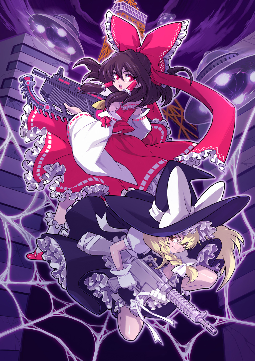kimimaru, kimimaruta, hakurei reimu, kirisame marisa, gears of war, touhou, bad id, bad pixiv id, highres, 2girls, assault rifle, blonde hair, brown hair, female focus, gloves, gun, hat, japanese clothes, lancer (gears of war), miko, multiple girls, night, red eyes, rifle, silk, spider web, tokyo tower, ufo, weapon, witch, witch hat, yellow eyes