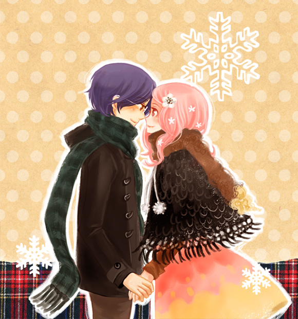 cecily, kido jo, tachikawa mimi, digimon, digimon adventure 02, 00s, 1boy, 1girl, blue hair, couple, dress, eye contact, flower, fringe trim, glasses, hair flower, hair ornament, hetero, holding hands, jacket, looking at another, pink hair, scarf, shawl, short cape, snowflakes