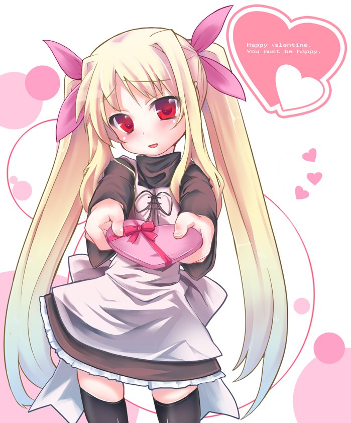 nio, nio (einhorn), fate testarossa, lyrical nanoha, mahou shoujo lyrical nanoha, 00s, 1girl, blonde hair, child, english text, female focus, gift, hair ribbon, happy valentine, heart, holding, holding gift, incoming gift, long hair, red eyes, ribbon, solo, thighhighs, twintails, valentine, very long hair