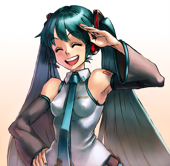 yapo (croquis side), hatsune miku, vocaloid, 1girl, closed eyes, detached sleeves, female focus, green hair, smile, solo, twintails