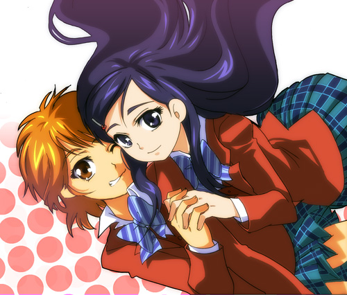 fumiko (mesushi), misumi nagisa, yukishiro honoka, futari wa precure, precure, lowres, 00s, 2girls, black hair, blue bow, blue eyes, bow, brown eyes, couple, eyelashes, grin, holding hands, long hair, multiple girls, one eye closed, orange hair, school uniform, short hair, smile, wink, yuri