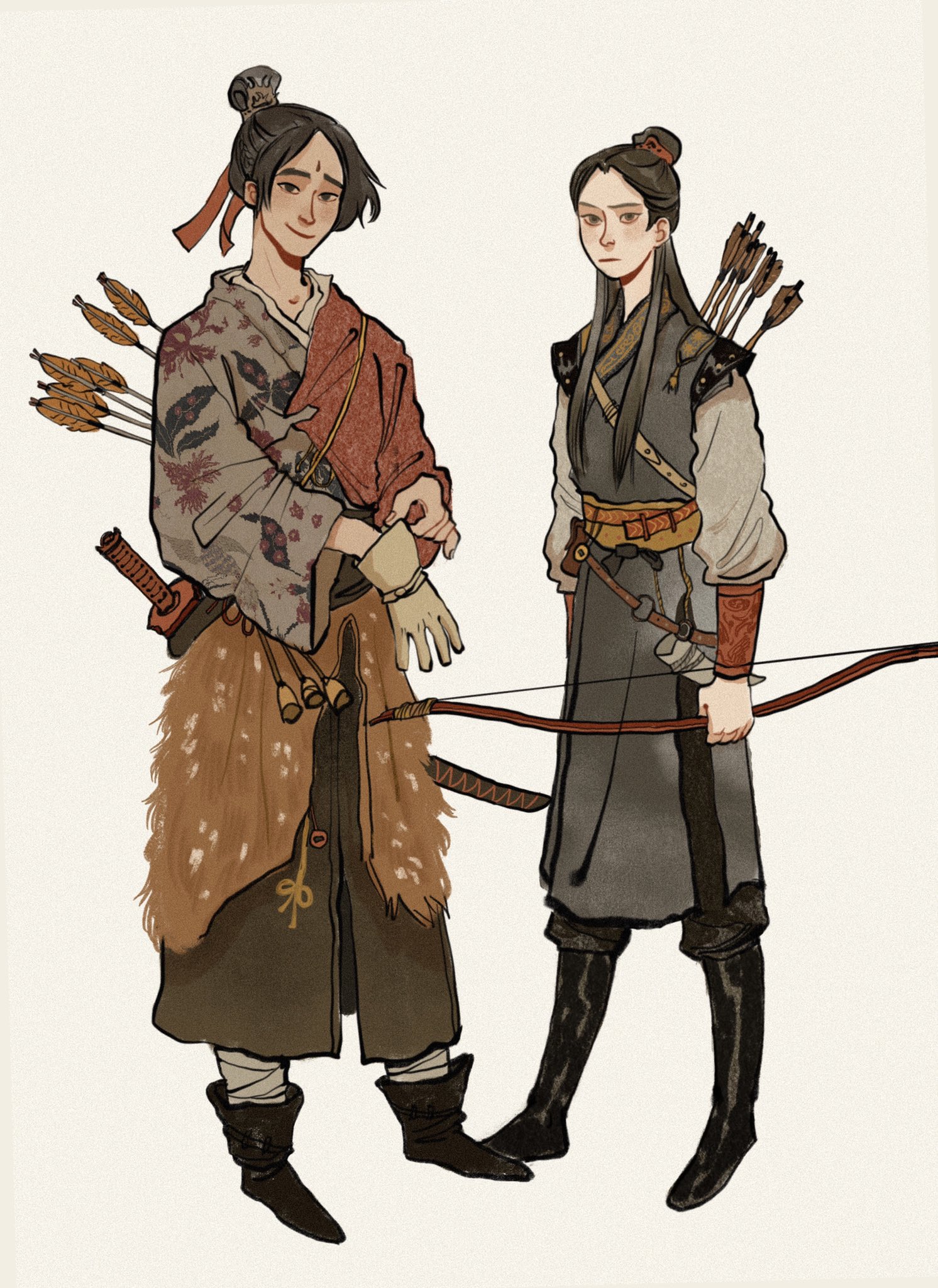 yaroslava murashko, erha he ta de bai mao shizun, highres, 1boy, 1girl, androgynous, arrow (projectile), belt, black boots, boots, bow (weapon), bracer, brown eyes, brown hair, brown pants, brown shirt, drinking horn, facial mark, forehead mark, frown, full body, fur skirt, gloves, gold trim, grey hanfu, hair bun, hair ribbon, holding, holding bow (weapon), holding weapon, long hair, long sleeves, looking at viewer, nangong si, orange ribbon, pants, print shirt, quiver, red belt, red shirt, ribbon, sheath, sheathed, shirt, single glove, single hair bun, smile, standing, sword, topknot, weapon, white background, xiao guan (headdress), ye wangxi