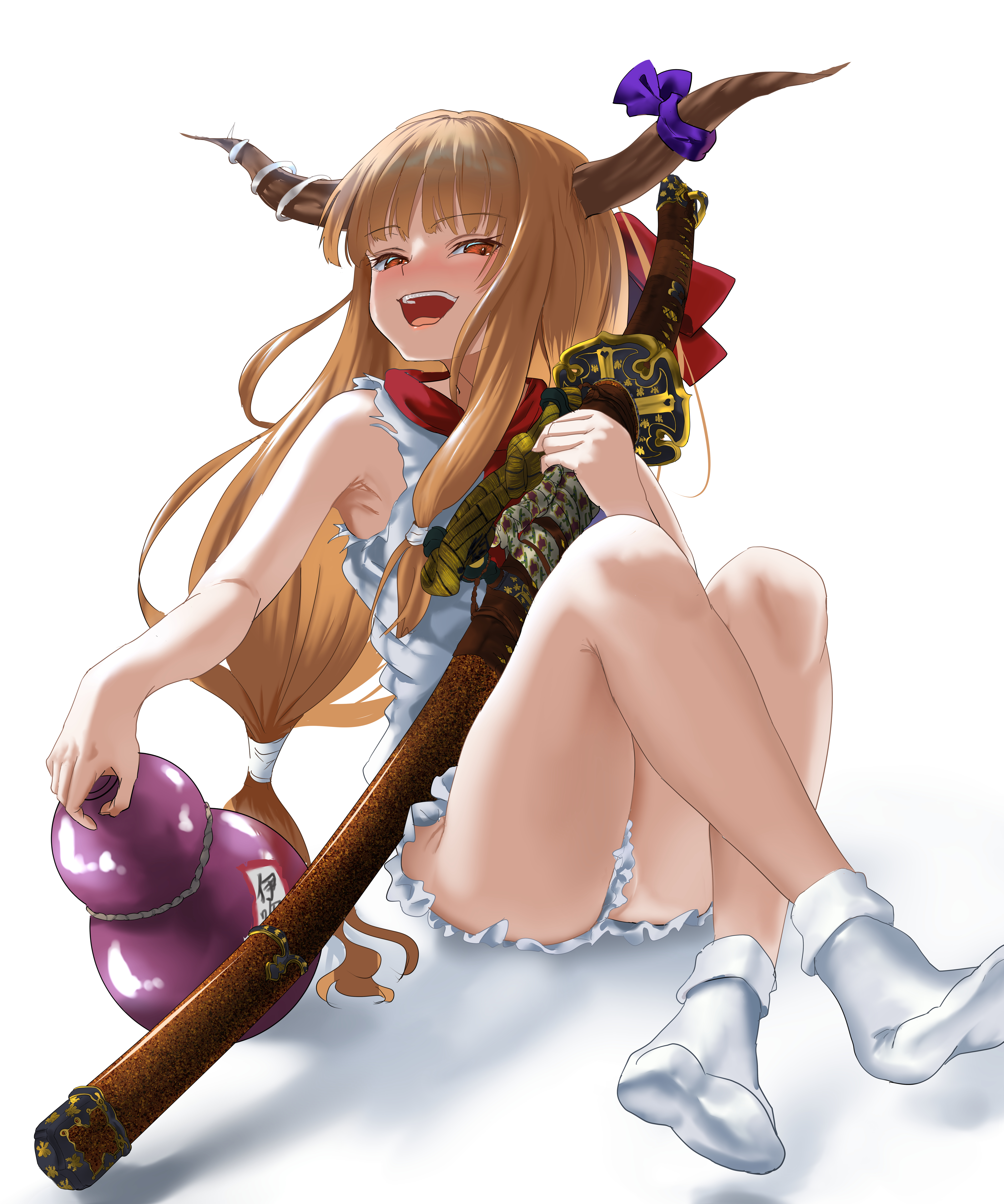 yuri kowashi (tetsukabuto nuranura), ibuki suika, touhou, absurdres, highres, 1girl, brown eyes, brown hair, gourd, horns, katana, long hair, open mouth, sheath, sheathed, shirt, simple background, sitting, smile, solo, sword, tabi, weapon, white background, white shirt