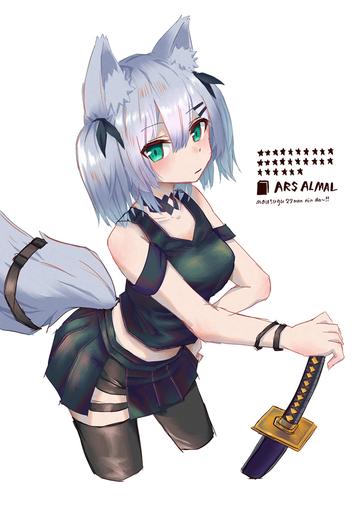 tatami kami, ars almal, ars almal (2nd costume), nijisanji, 1girl, :|, animal ear fluff, animal ears, bare shoulders, black ribbon, black shirt, black shorts, black skirt, black tank top, black thighhighs, blue eyes, blush, bow, breasts, character name, closed mouth, crop top, cropped legs, fox ears, hair between eyes, hair bow, hair ornament, hair ribbon, hairclip, holding, holding weapon, katana, large tail, looking at viewer, midriff, parallel hairclips, pleated skirt, ribbon, sheath, sheathed, shirt, short hair, short shorts, short twintails, shorts, skirt, sleeveless, sleeveless shirt, solo, sword, tail, tank top, thighhighs, twintails, two side up, virtual youtuber, weapon, white background, white hair