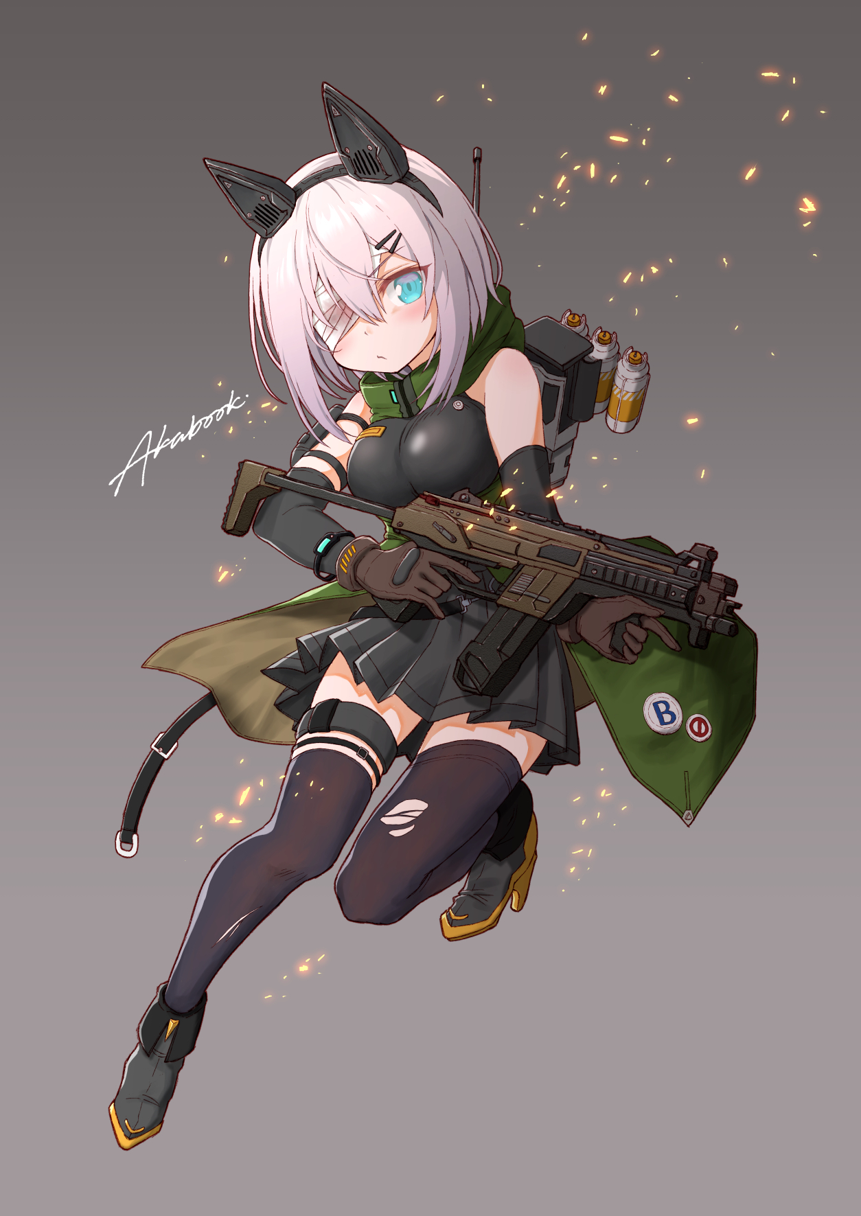 tatami kami, ars almal, nijisanji, highres, 1girl, action pose, animal ear headphones, animal ears, antennae, arm warmers, assault rifle, backpack, bag, bare shoulders, black arm warmers, black shirt, black skirt, black thighhighs, blue eyes, blush, boots, breasts, brown gloves, cape, cat ears, character name, fake animal ears, full body, gloves, green cape, grey background, gun, hair ornament, hairclip, headphones, holding, holding gun, holding weapon, hood, hood down, large breasts, leg up, looking at viewer, mechanical boots, mechanical ears, parallel hairclips, pleated skirt, poncho, rifle, shirt, short hair, simple background, skirt, sleeveless, sleeveless shirt, solo, sparks, thighhighs, torn clothes, torn thighhighs, virtual youtuber, weapon, white hair