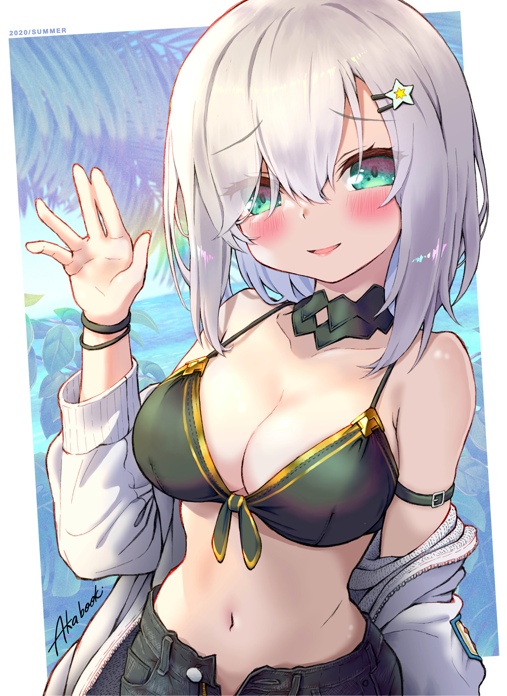 tatami kami, ars almal, nijisanji, commentary request, highres, 1girl, arm up, beach, bikini, bikini top only, black bikini, black choker, blue eyes, blush, breasts, character name, choker, cleavage, denim, denim shorts, front-tie bikini top, front-tie top, gold trim, hair ornament, hairclip, jacket, large breasts, looking at viewer, navel, nervous smile, no shirt, ocean, open clothes, open jacket, palm tree, short hair, short shorts, shorts, shy, smile, solo, swimsuit, tree, upper body, virtual youtuber, white hair, white jacket