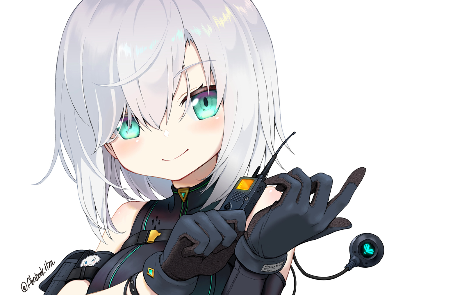 tatami kami, ars almal, nijisanji, highres, 1girl, adjusting clothes, adjusting gloves, bare shoulders, black gloves, black shirt, blue eyes, character name, closed mouth, communicator, earphones, gloves, glowing, glowing trim, green eyes, hair between eyes, light blush, light smile, looking at viewer, portrait, shirt, short hair, simple background, sleeveless, sleeveless shirt, slit pupils, smile, smirk, smug, solo, turtleneck, upper body, virtual youtuber, walkie-talkie, white background, white hair