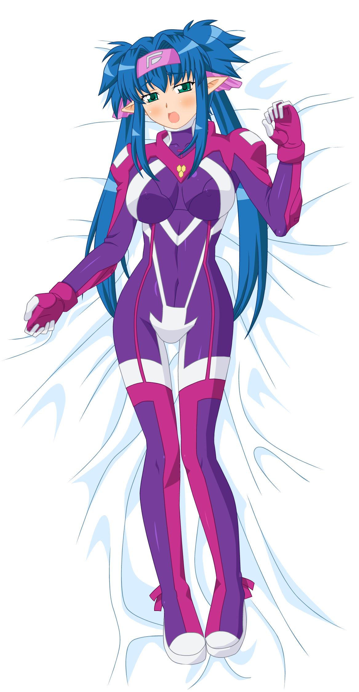 klan klein, macross, macross frontier, highres, 00s, 1girl, bed, blue hair, blush, bodysuit, breasts, covered erect nipples, dakimakura (medium), female focus, green eyes, headband, klan klan, large breasts, long hair, lying, on back, open mouth, pointy ears, skin tight, solo, tears, twintails, very long hair