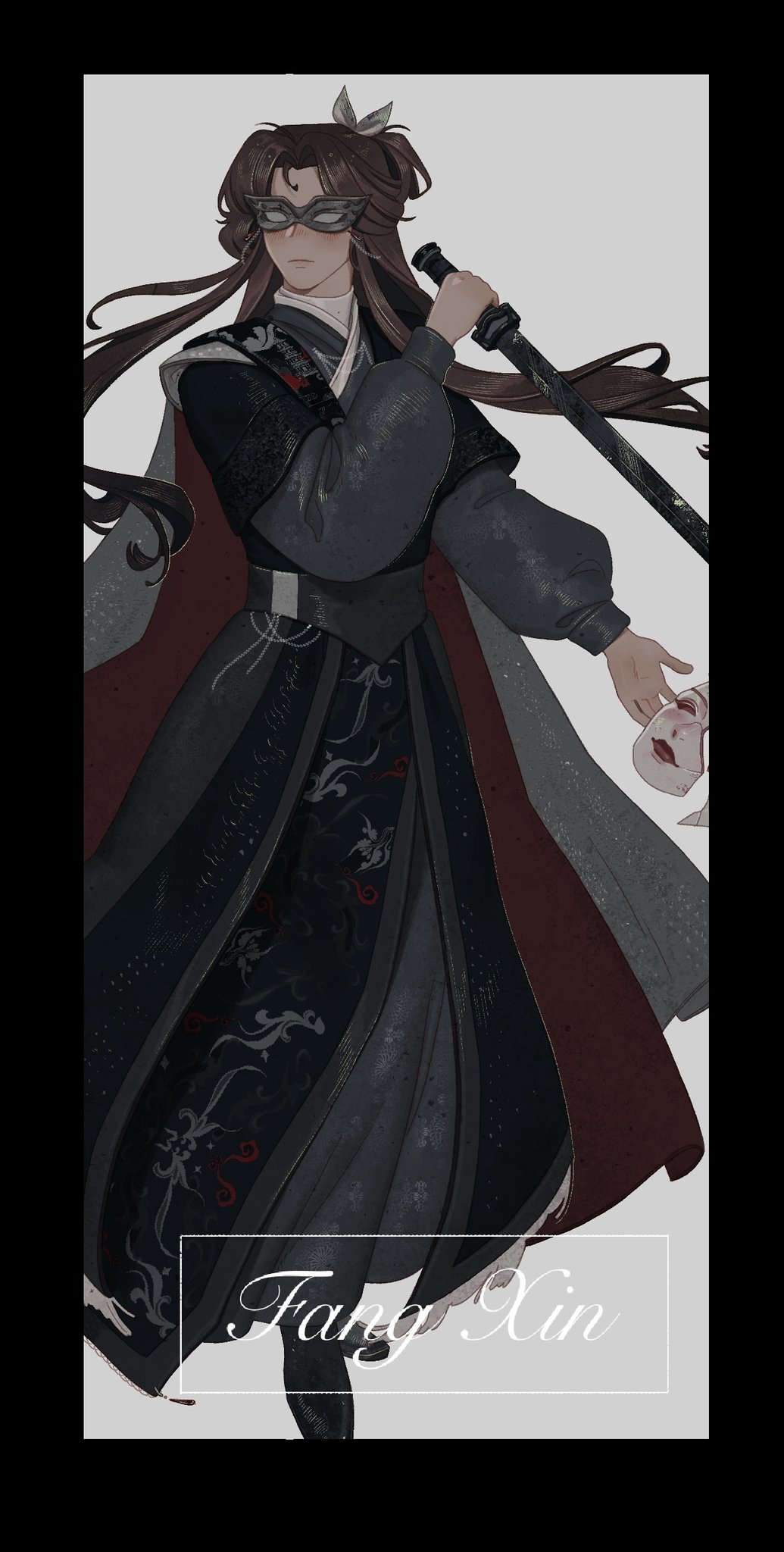 amonimy, xie lian, tianguan cifu, highres, 1boy, alternate costume, belt, black border, black hanfu, border, broken mask, brown hair, cape, chinese clothes, eye mask, fangxin sword, full body, grey background, grey cape, hair bun, hanfu, high collar, holding, holding mask, holding sword, holding weapon, layered clothes, long hair, long sleeves, male focus, mask, official alternate costume, parted bangs, pinyin text, print robe, puffy long sleeves, puffy sleeves, red cape, red lips, russian commentary, single hair bun, solo, standing, sword, weapon, white mask