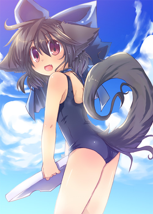 hyokkori tamago, toba hiyoko, kannagi cocoa, original, 1girl, ahoge, animal ears, bow, brown hair, child, collar, fang, female focus, one-piece swimsuit, open mouth, school swimsuit, solo, swimsuit, tail