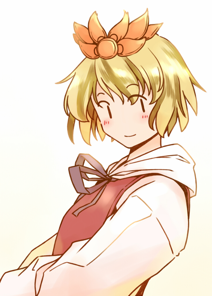 rangycrow, toramaru shou, touhou, undefined fantastic object, 1girl, from side, hair ornament, looking at viewer, multicolored hair, portrait, ribbon, short hair, smile, solo, streaked hair, turning head, white background, | |