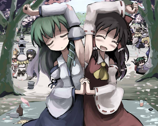 gatau, chen, hakurei reimu, kochiya sanae, luna child, moriya suwako, star sapphire, sunny milk, yakumo ran, yasaka kanako, touhou, 2girls, animal hat, arm up, armpits, cat tail, cherry blossoms, day, detached sleeves, female focus, hanami, hat, long sleeves, mob cap, multiple girls, multiple tails, outdoors, petals, sarashi, stone lantern, symmetrical hand pose, tail, wide sleeves