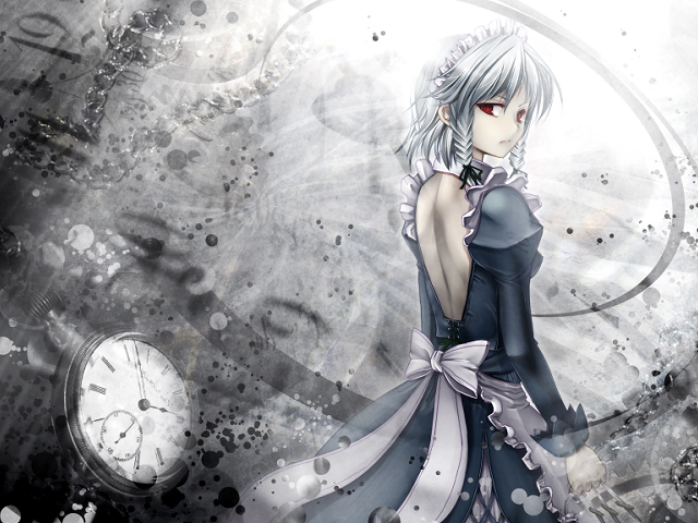 scarlet (studioscr), izayoi sakuya, touhou, silver hair, duplicate, 1girl, back, braid, clock, female focus, short hair, solo, twin braids