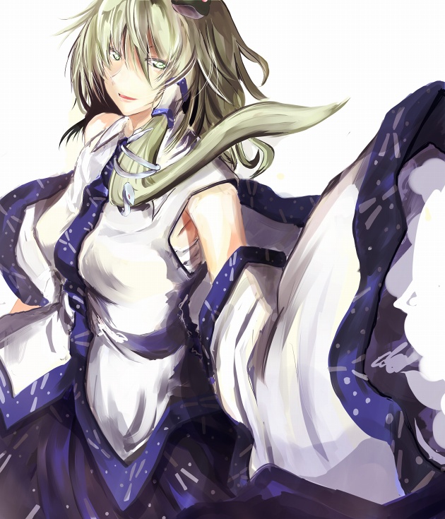 nehan, kochiya sanae, touhou, bad id, 1girl, alternate hair length, alternate hairstyle, armpits, bare shoulders, collared shirt, detached sleeves, dress shirt, female focus, frog hair ornament, green eyes, green hair, hair ornament, japanese clothes, long sleeves, looking at viewer, matching hair/eyes, miko, nontraditional miko, sarashi, shirt, short hair, sidelocks, simple background, sleeveless, sleeveless shirt, snake hair ornament, solo, vest, white background, white shirt, white sleeves, wide sleeves
