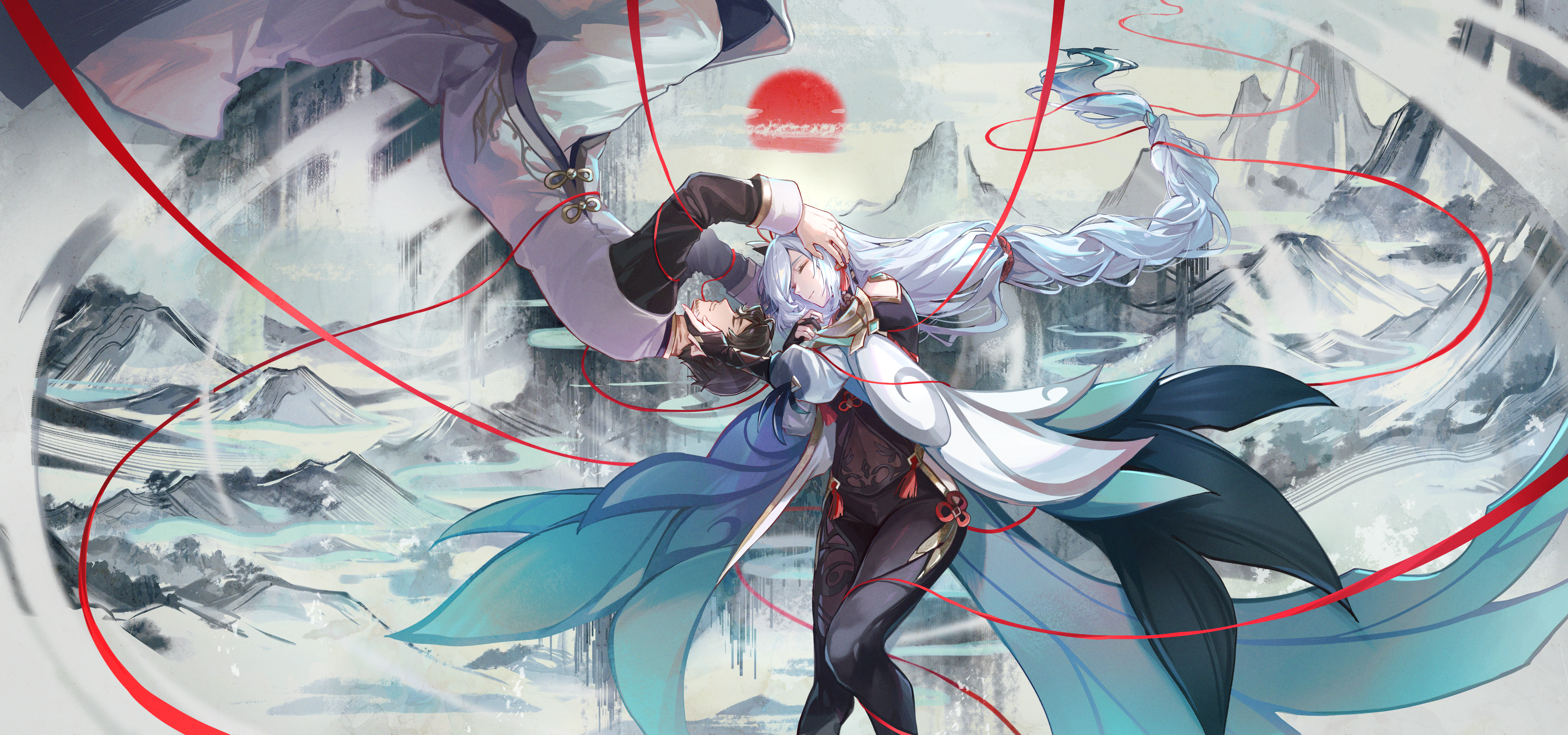 kyusoukyu, shenhe (genshin impact), genshin impact, absurdres, commission, highres, second-party source, 1boy, 1girl, black bodysuit, black hair, bodysuit, braid, braided ponytail, chinese clothes, chinese knot, closed eyes, closed mouth, clothing cutout, feet out of frame, gloves, hand on another's head, hip vent, knee up, long hair, low-braided long hair, low-tied long hair, lying, mountain, on back, on side, partially fingerless gloves, ribbon, short hair, shoulder cutout, sleeping, smile, very long hair, white hair