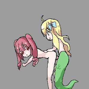 hyperlolicrisis, hanazono yurine, jashin-chan, jashin-chan dropkick, animated, animated gif, 2girls, blonde hair, breasts, from behind, futa with female, futanari, hair ribbon, lamia, monster girl, multiple girls, nipples, nude, penis, pixel art, red eyes, red hair, ribbon, sex, small breasts, snake tail, tail, twintails